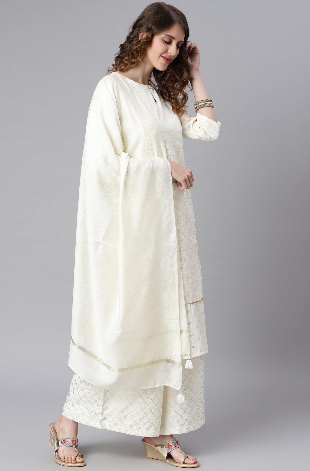 Janasya Women's Off- White Poly Silk Ethnic Motifs Kurta With Palazzo And Dupatta