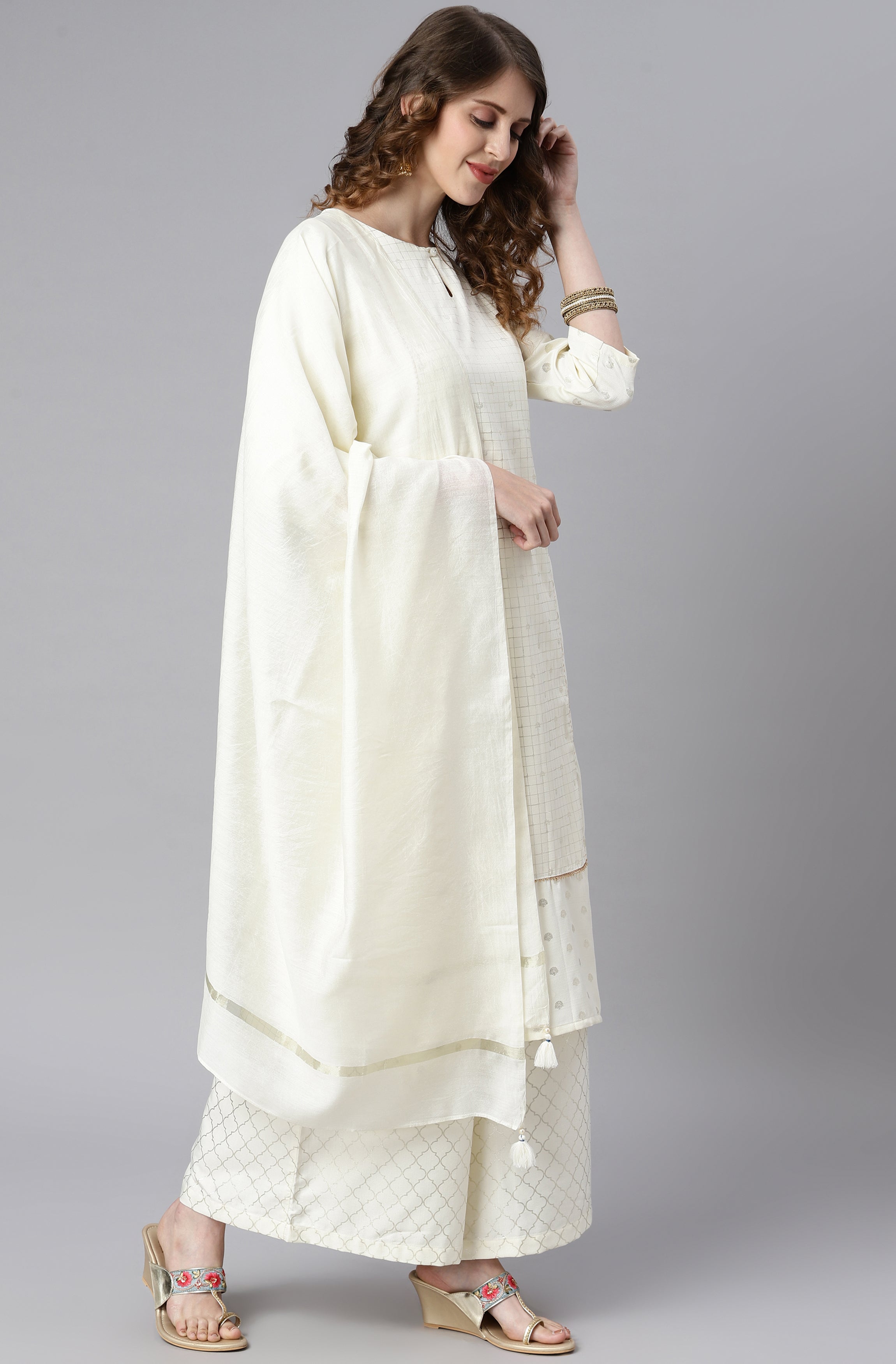 Janasya Women's Off- White Poly Silk Ethnic Motifs Kurta With Palazzo And Dupatta