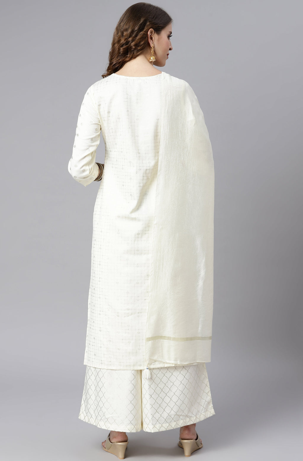 Janasya Women's Off- White Poly Silk Ethnic Motifs Kurta With Palazzo And Dupatta