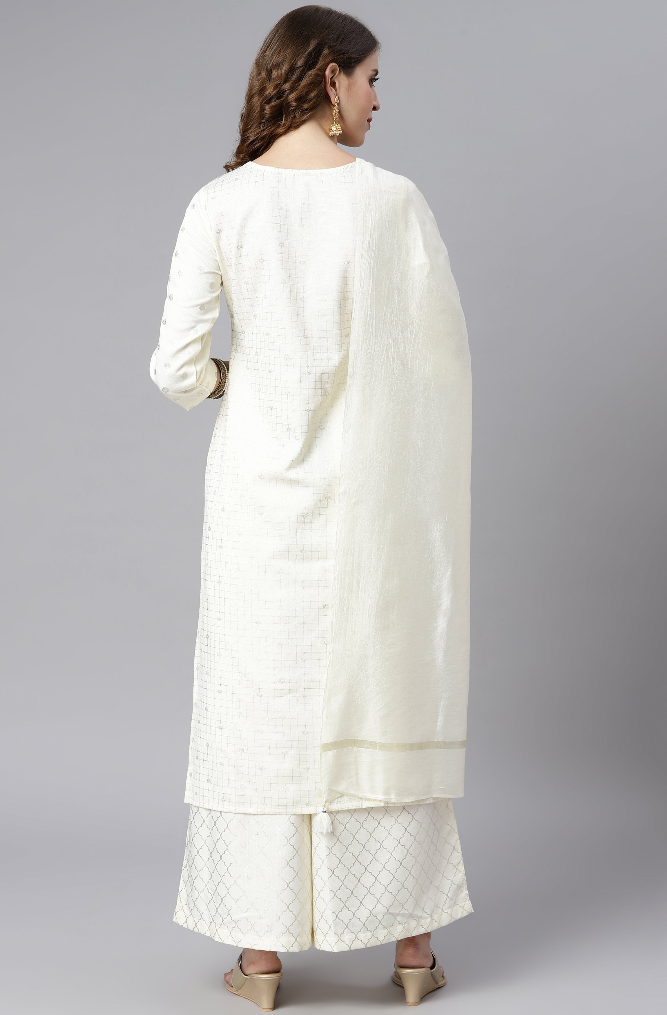Janasya Women's Off- White Poly Silk Ethnic Motifs Kurta With Palazzo And Dupatta