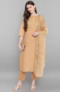 Janasya Women's Gold Poly Chanderi Embellished Kurta With Pant And Dupatta
