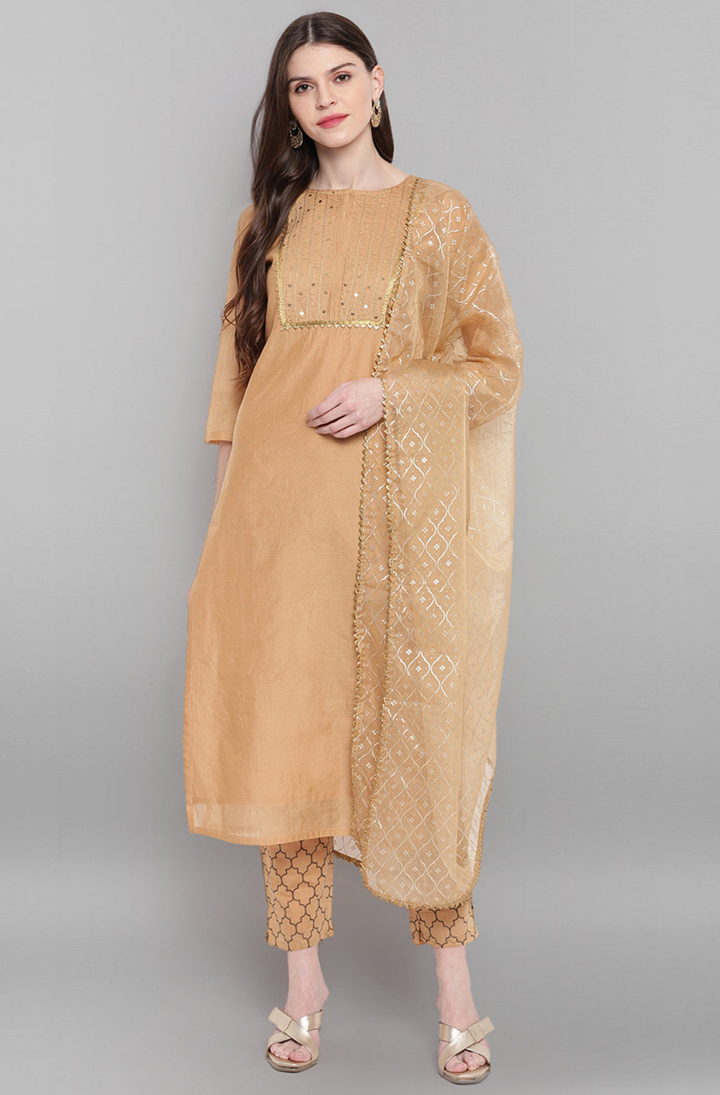 Janasya Women's Gold Poly Chanderi Embellished Kurta With Pant And Dupatta