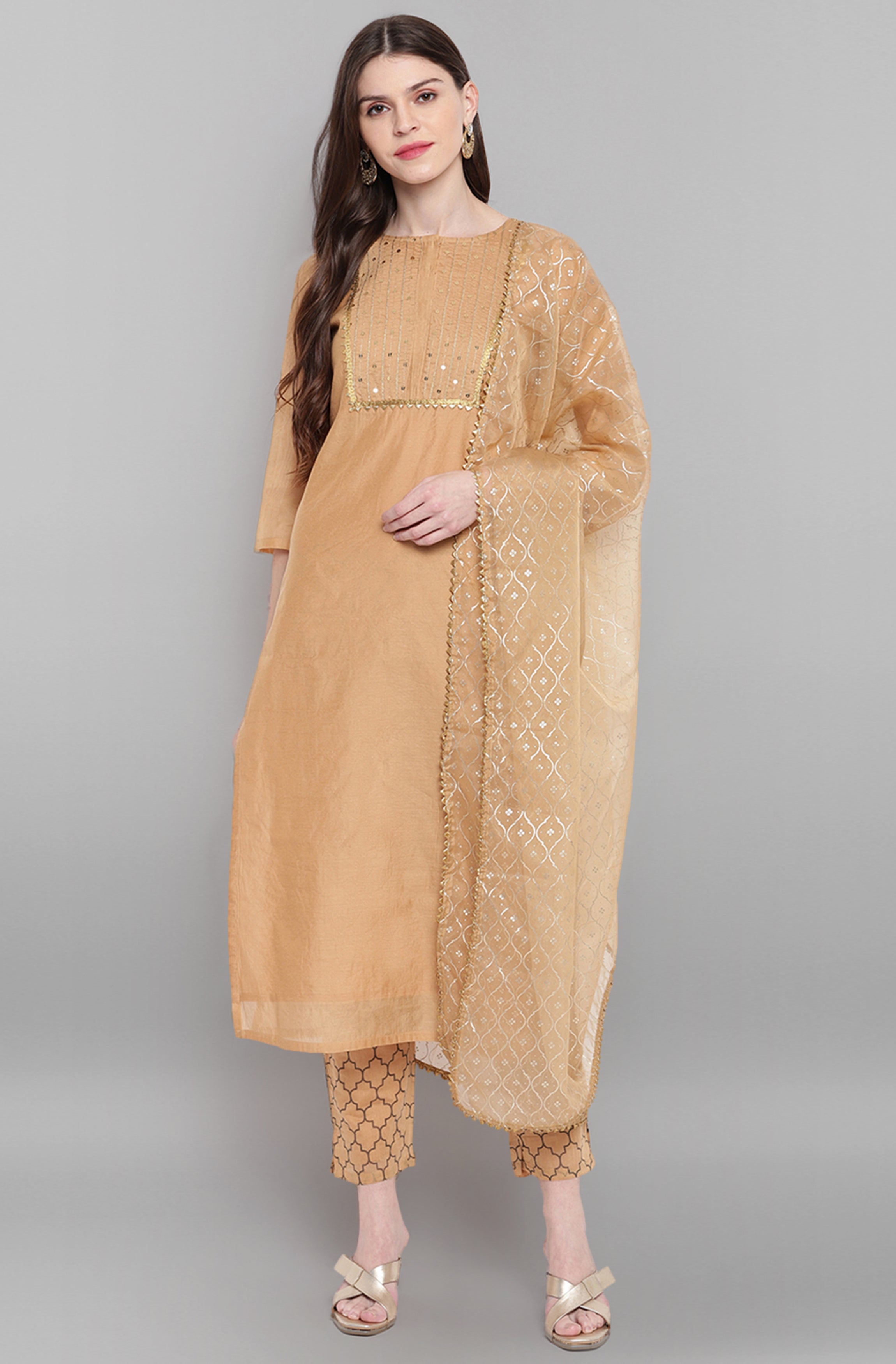 Janasya Women's Gold Poly Chanderi Embellished Kurta With Pant And Dupatta