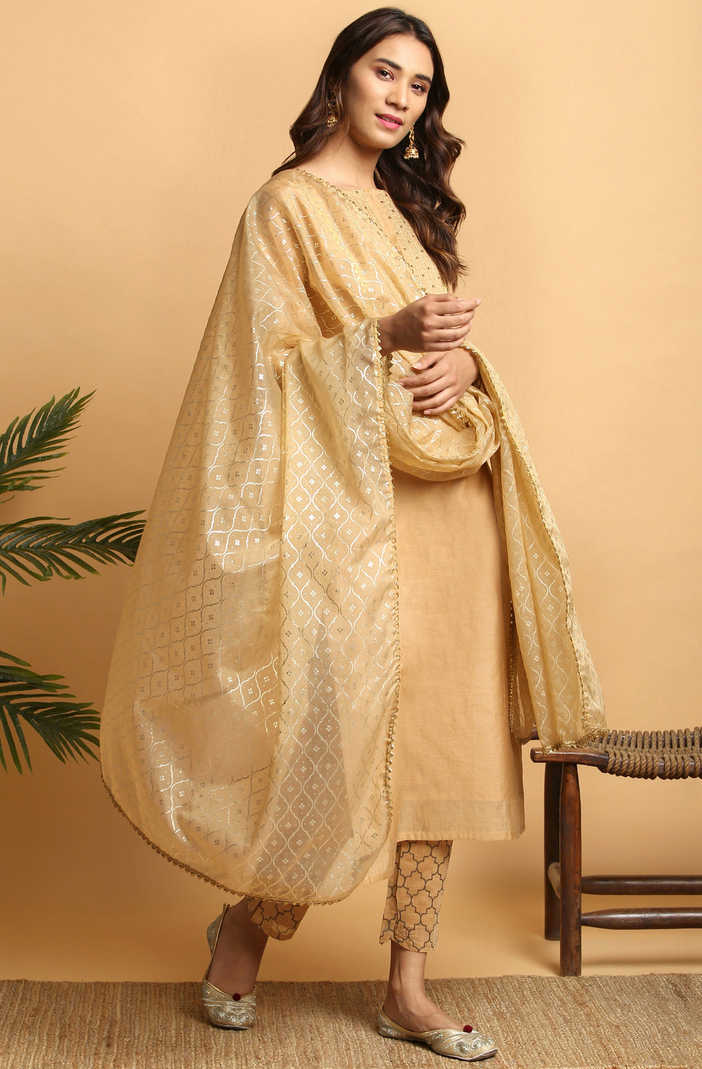 Janasya Women's Gold Poly Chanderi Embellished Kurta With Pant And Dupatta