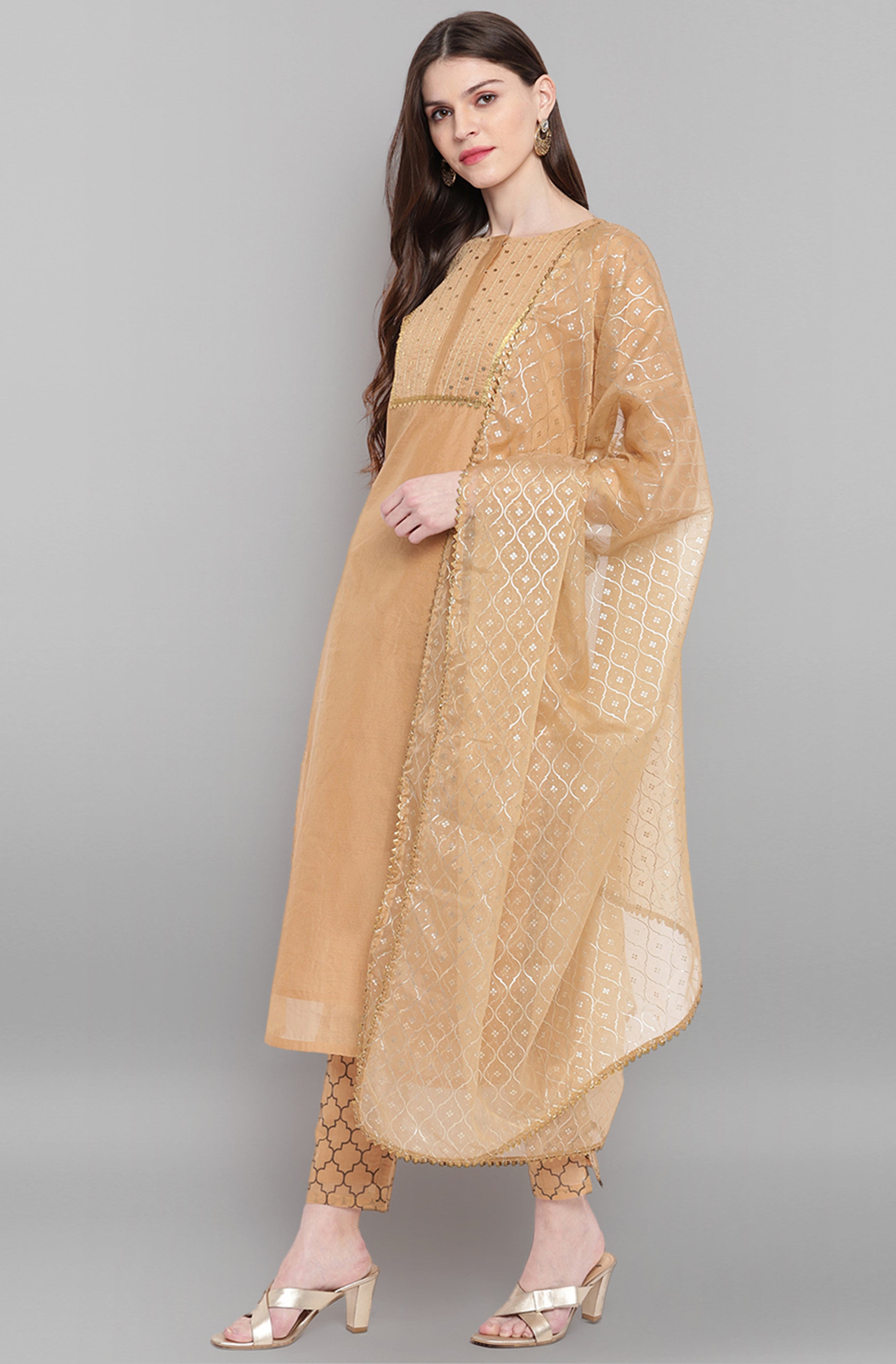 Janasya Women's Gold Poly Chanderi Embellished Kurta With Pant And Dupatta