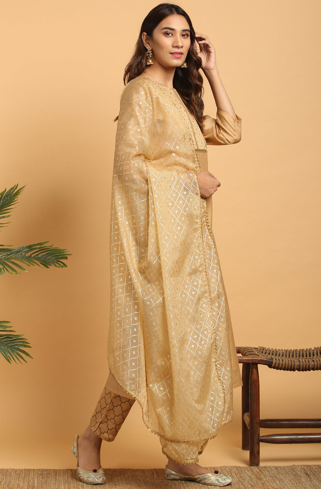 Janasya Women's Gold Poly Chanderi Embellished Kurta With Pant And Dupatta
