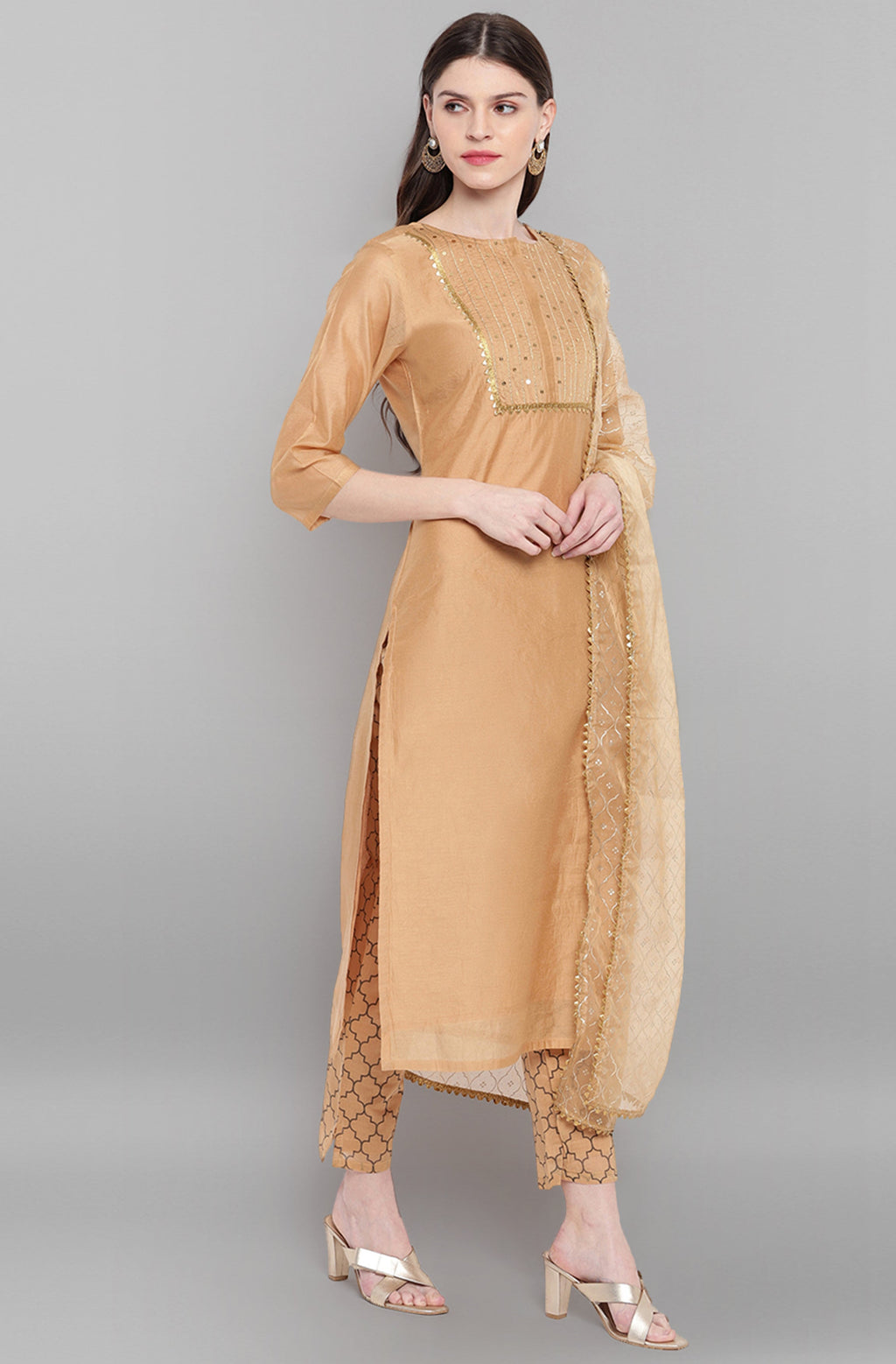 Janasya Women's Gold Poly Chanderi Embellished Kurta With Pant And Dupatta