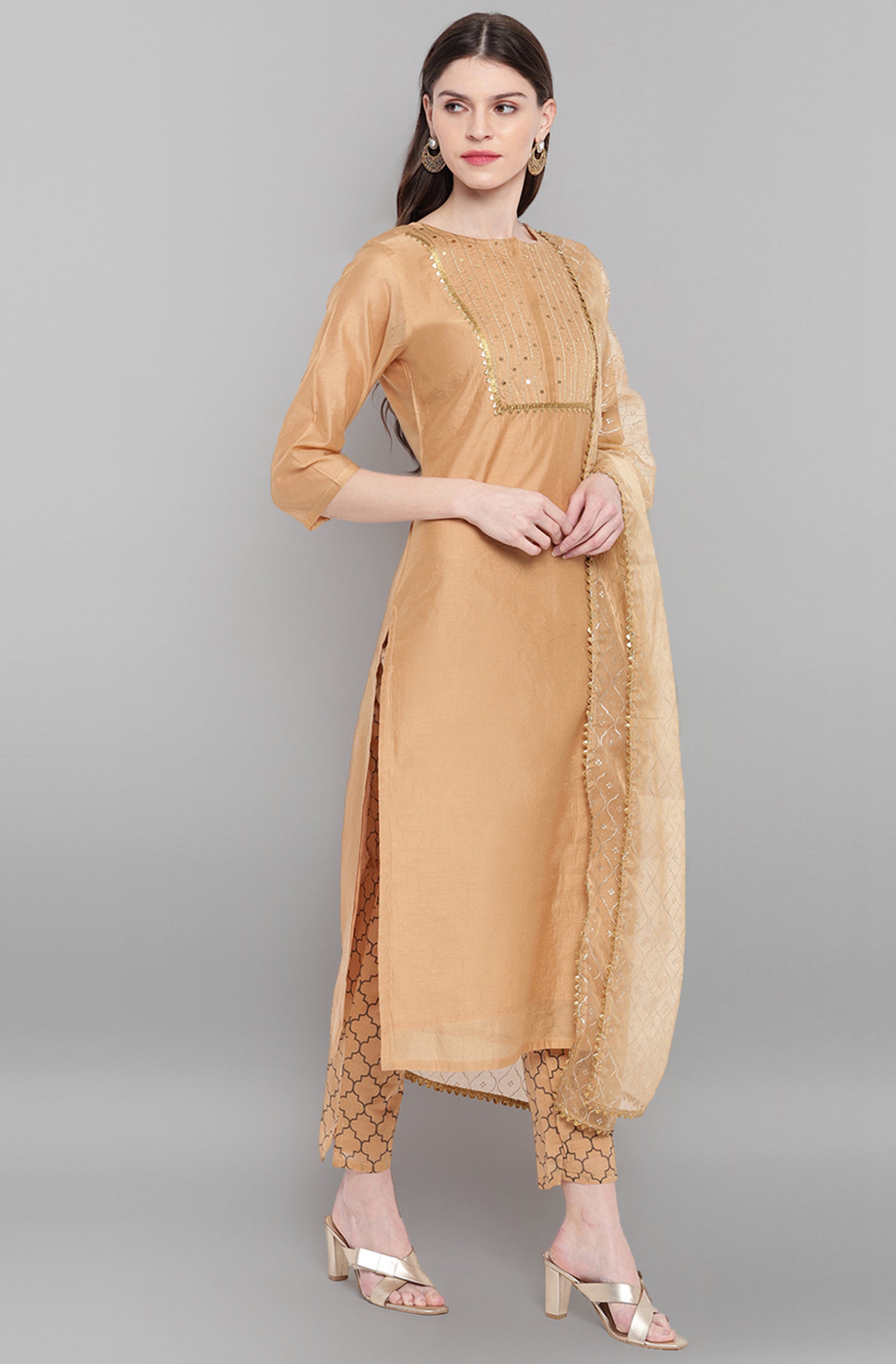 Janasya Women's Gold Poly Chanderi Embellished Kurta With Pant And Dupatta