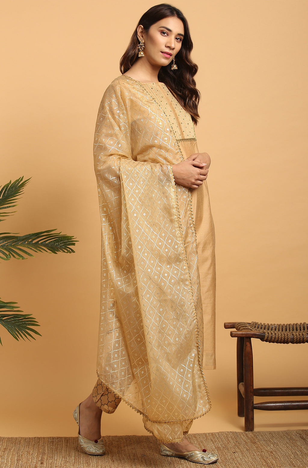 Janasya Women's Gold Poly Chanderi Embellished Kurta With Pant And Dupatta