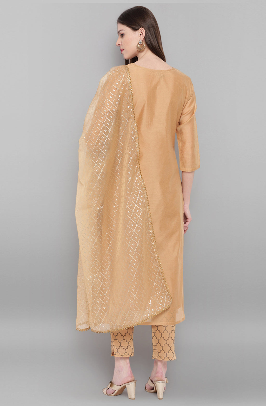 Janasya Women's Gold Poly Chanderi Embellished Kurta With Pant And Dupatta
