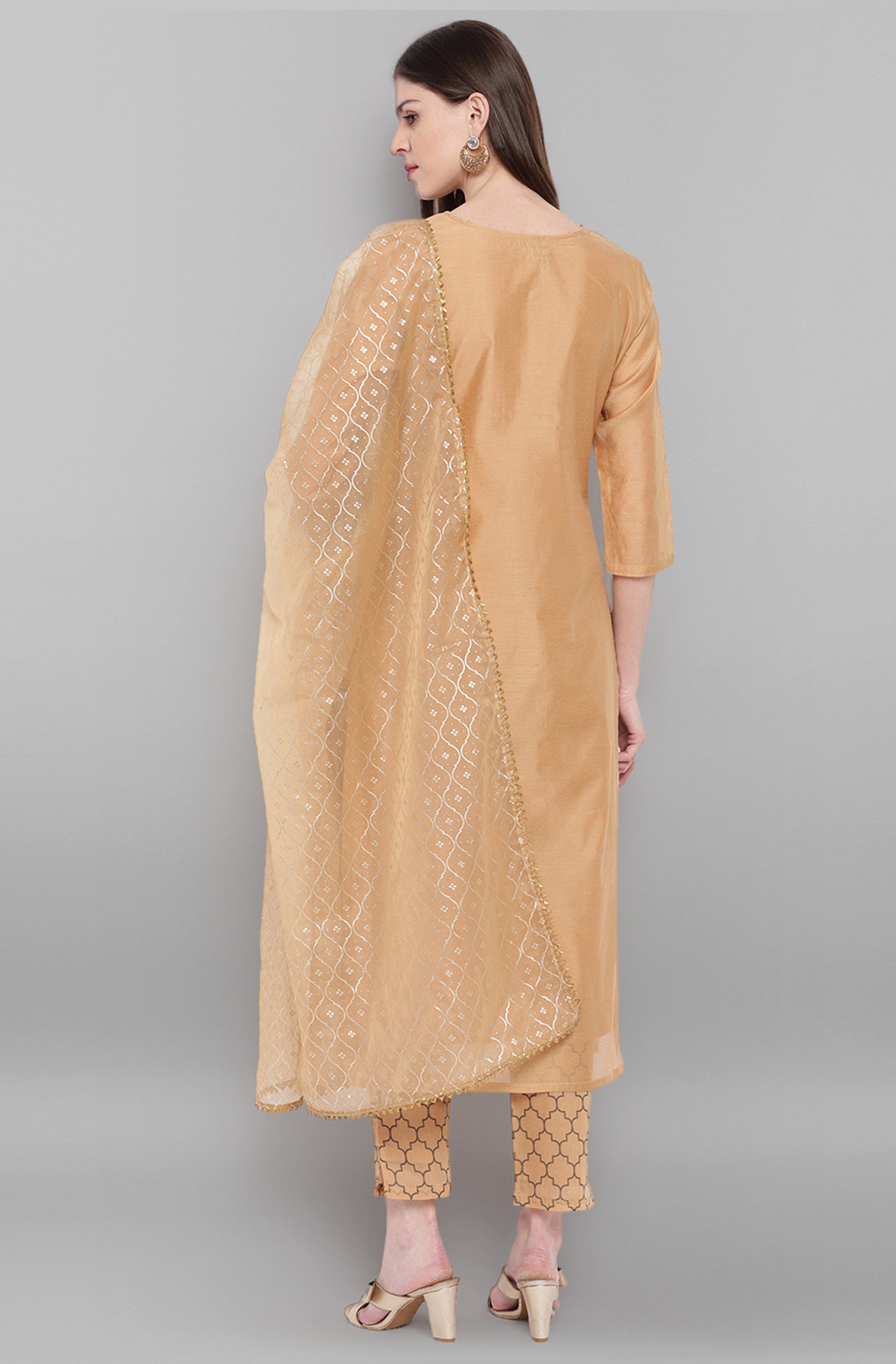 Janasya Women's Gold Poly Chanderi Embellished Kurta With Pant And Dupatta