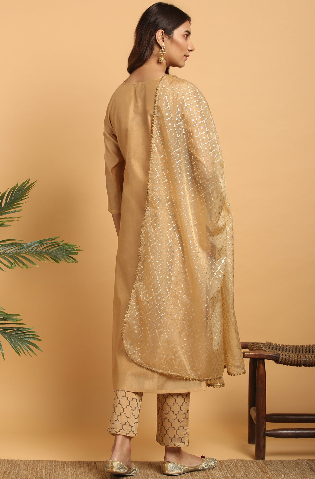Janasya Women's Gold Poly Chanderi Embellished Kurta With Pant And Dupatta