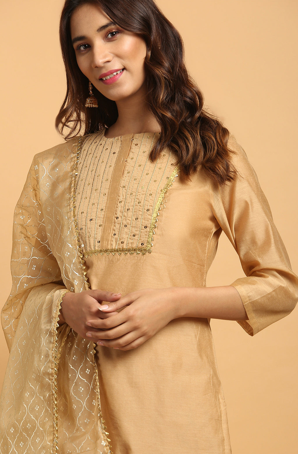 Janasya Women's Gold Poly Chanderi Embellished Kurta With Pant And Dupatta