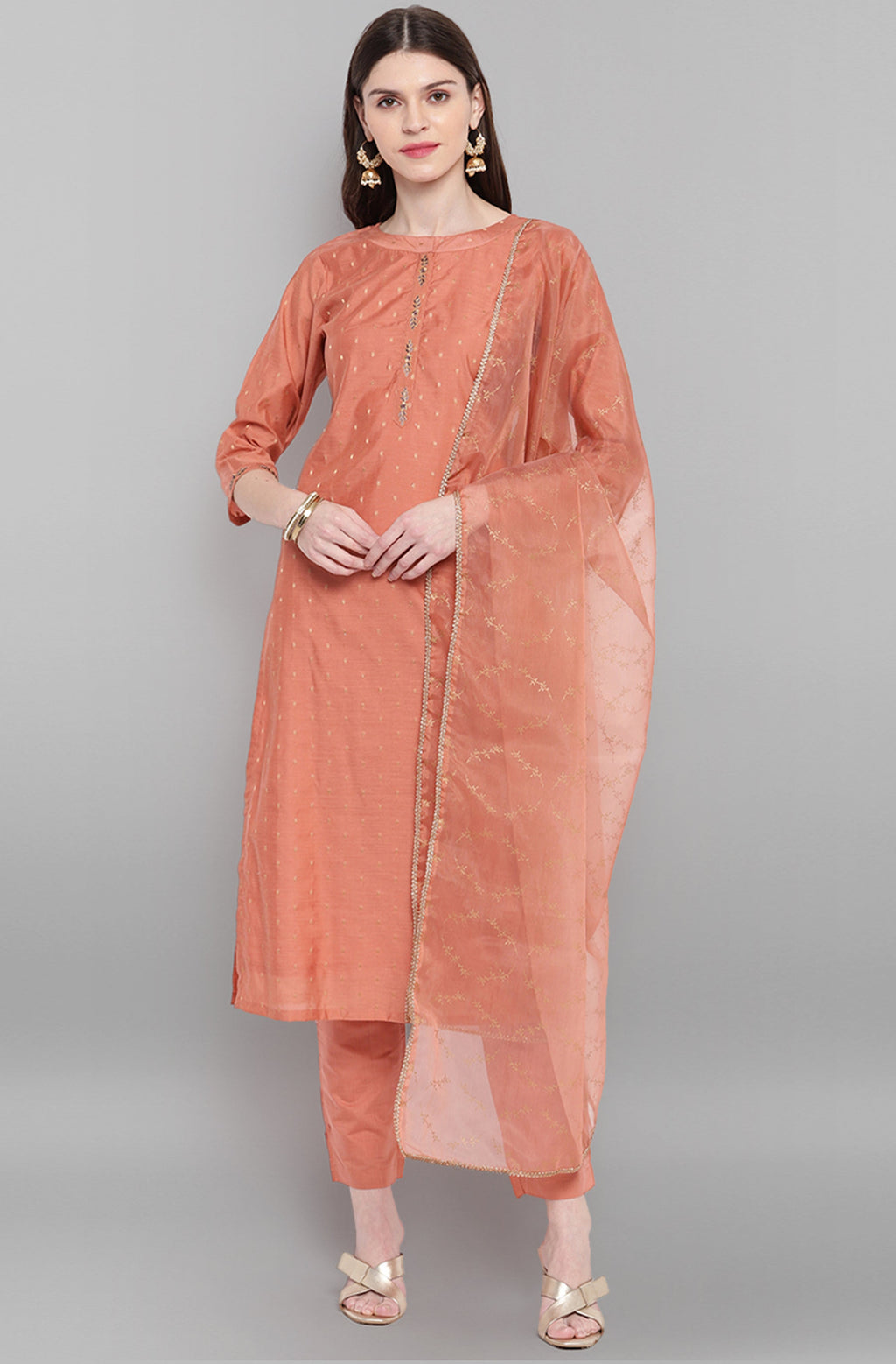 Janasya Women's Rose Gold Poly Muslin Embroidered Kurta With Pant And Dupatta