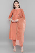Janasya Women's Rose Gold Poly Muslin Embroidered Kurta With Pant And Dupatta