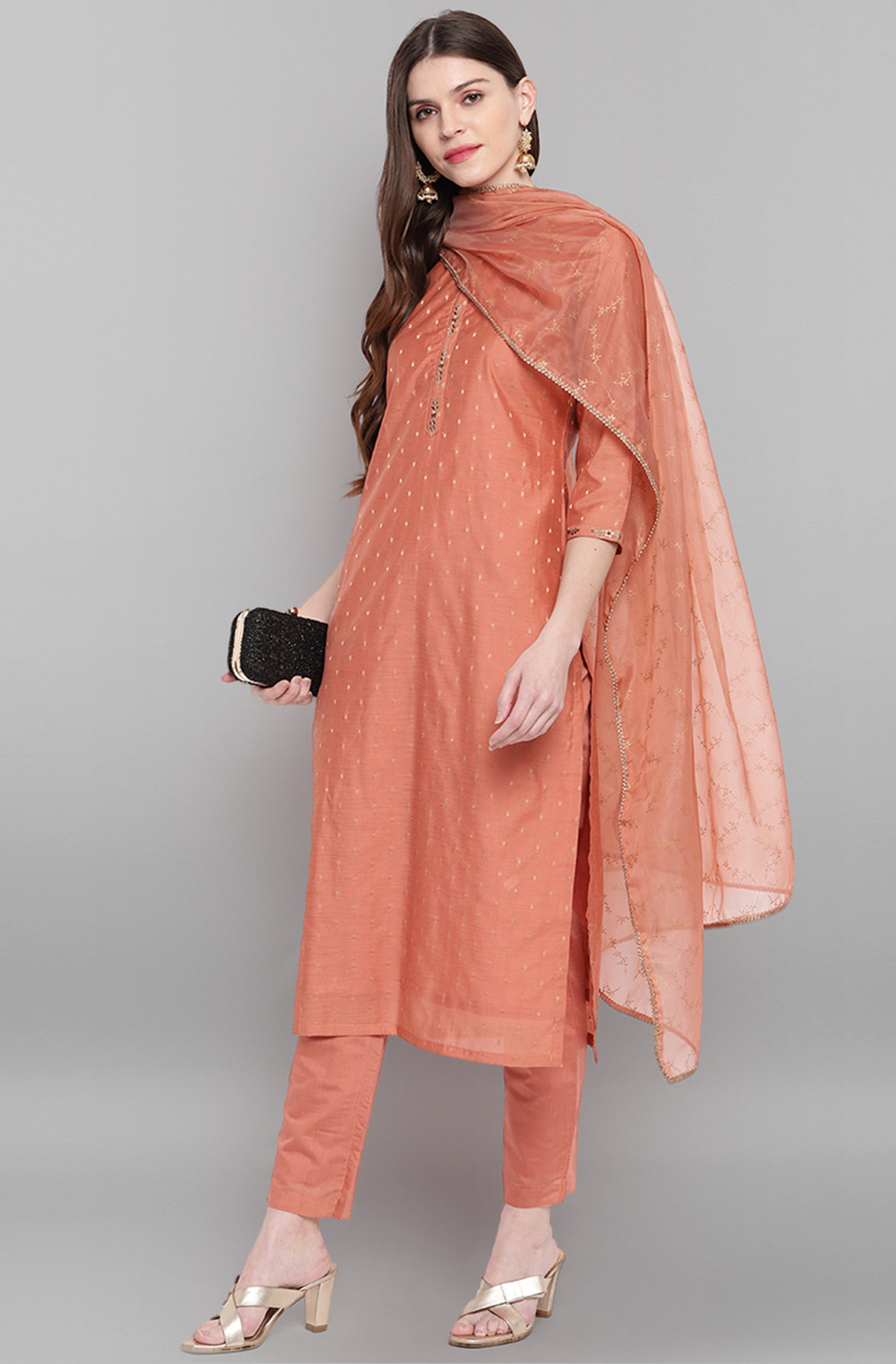 Janasya Women's Rose Gold Poly Muslin Embroidered Kurta With Pant And Dupatta