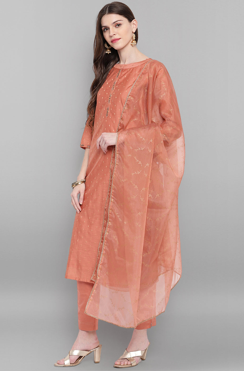Janasya Women's Rose Gold Poly Muslin Embroidered Kurta With Pant And Dupatta