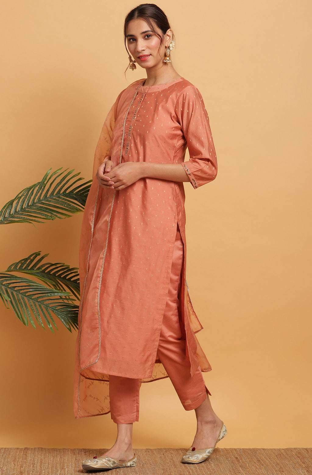 Janasya Women's Rose Gold Poly Muslin Embroidered Kurta With Pant And Dupatta