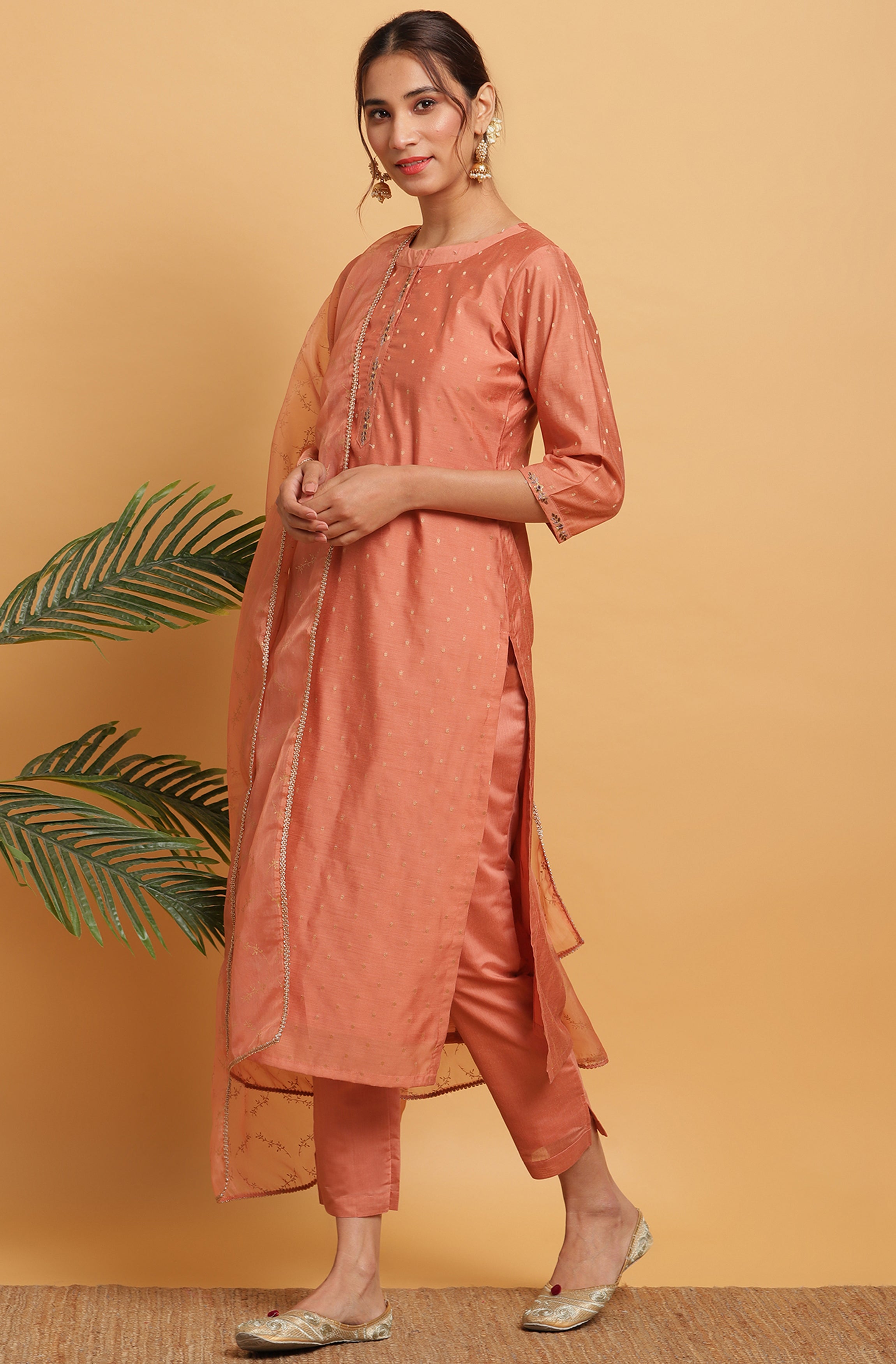 Janasya Women's Rose Gold Poly Muslin Embroidered Kurta With Pant And Dupatta