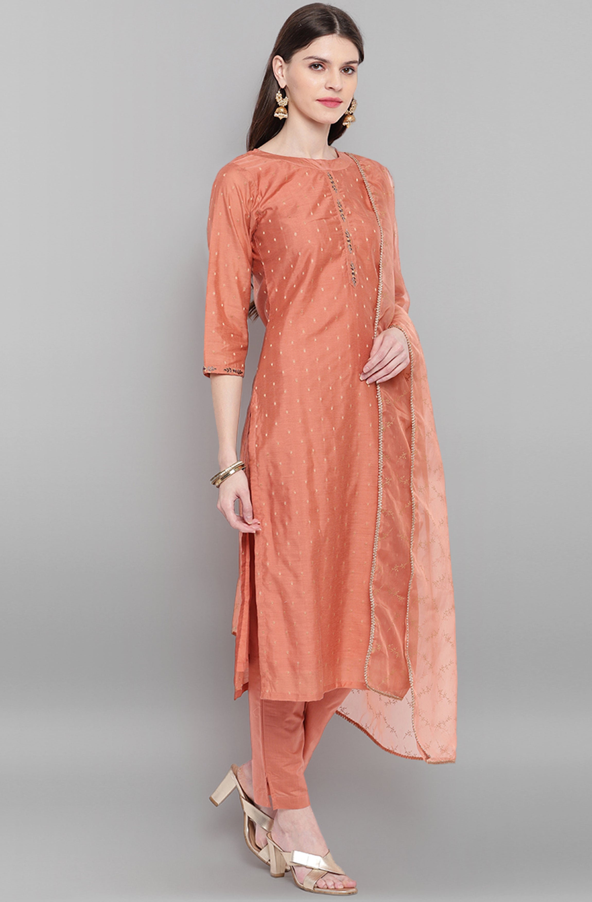 Janasya Women's Rose Gold Poly Muslin Embroidered Kurta With Pant And Dupatta