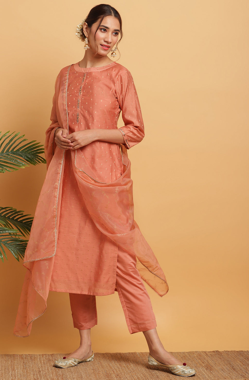 Janasya Women's Rose Gold Poly Muslin Embroidered Kurta With Pant And Dupatta