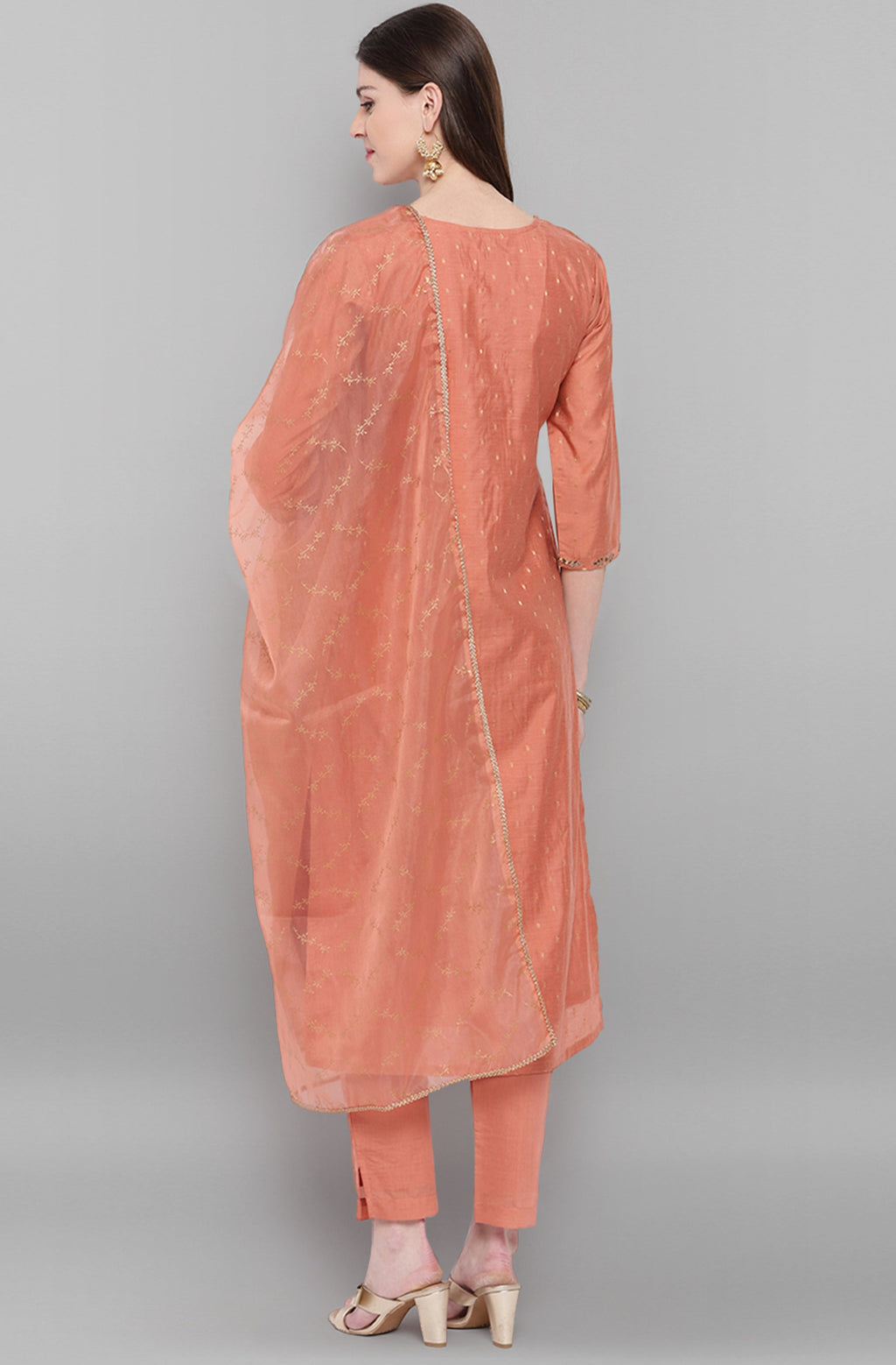 Janasya Women's Rose Gold Poly Muslin Embroidered Kurta With Pant And Dupatta