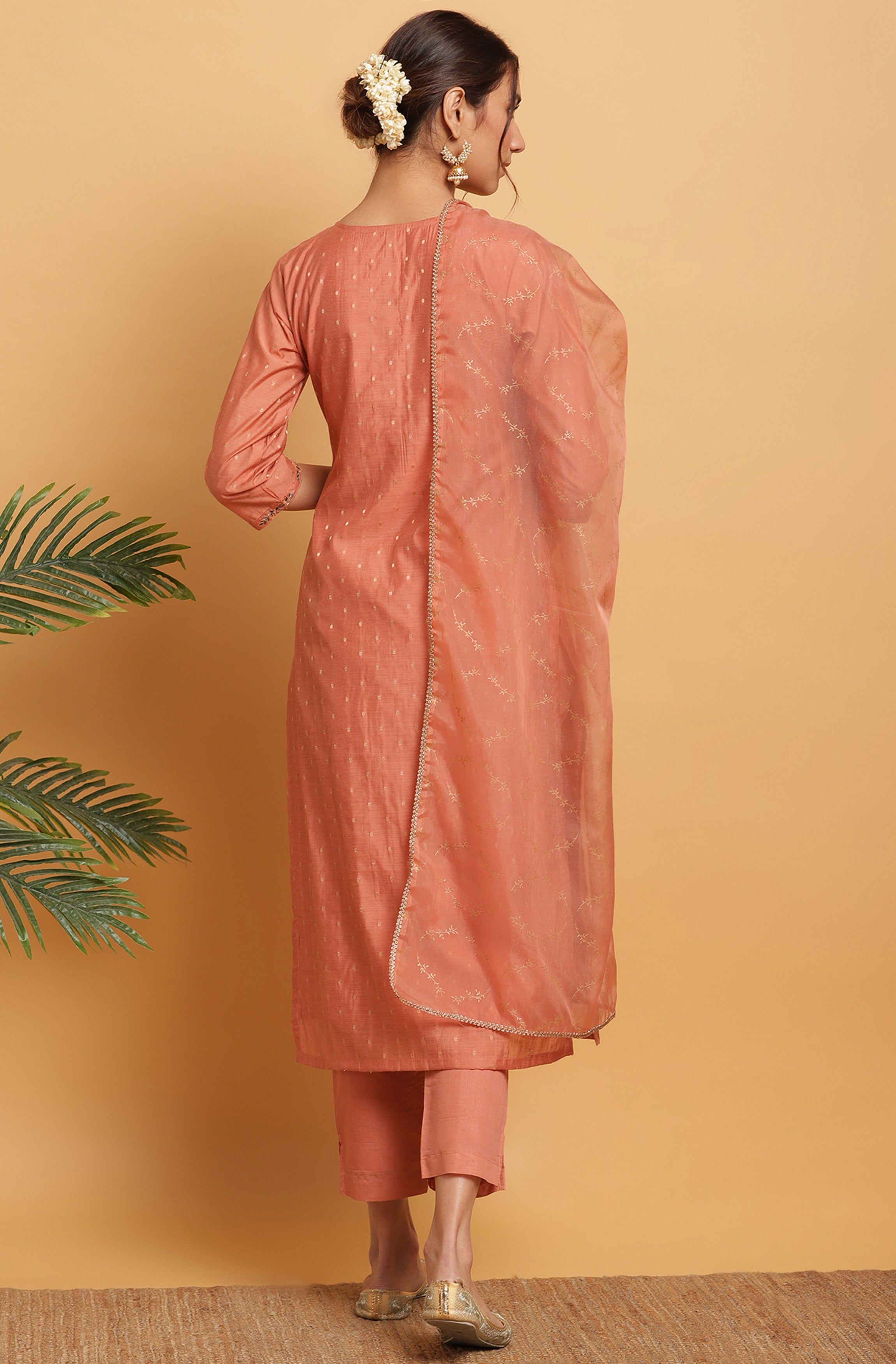 Janasya Women's Rose Gold Poly Muslin Embroidered Kurta With Pant And Dupatta
