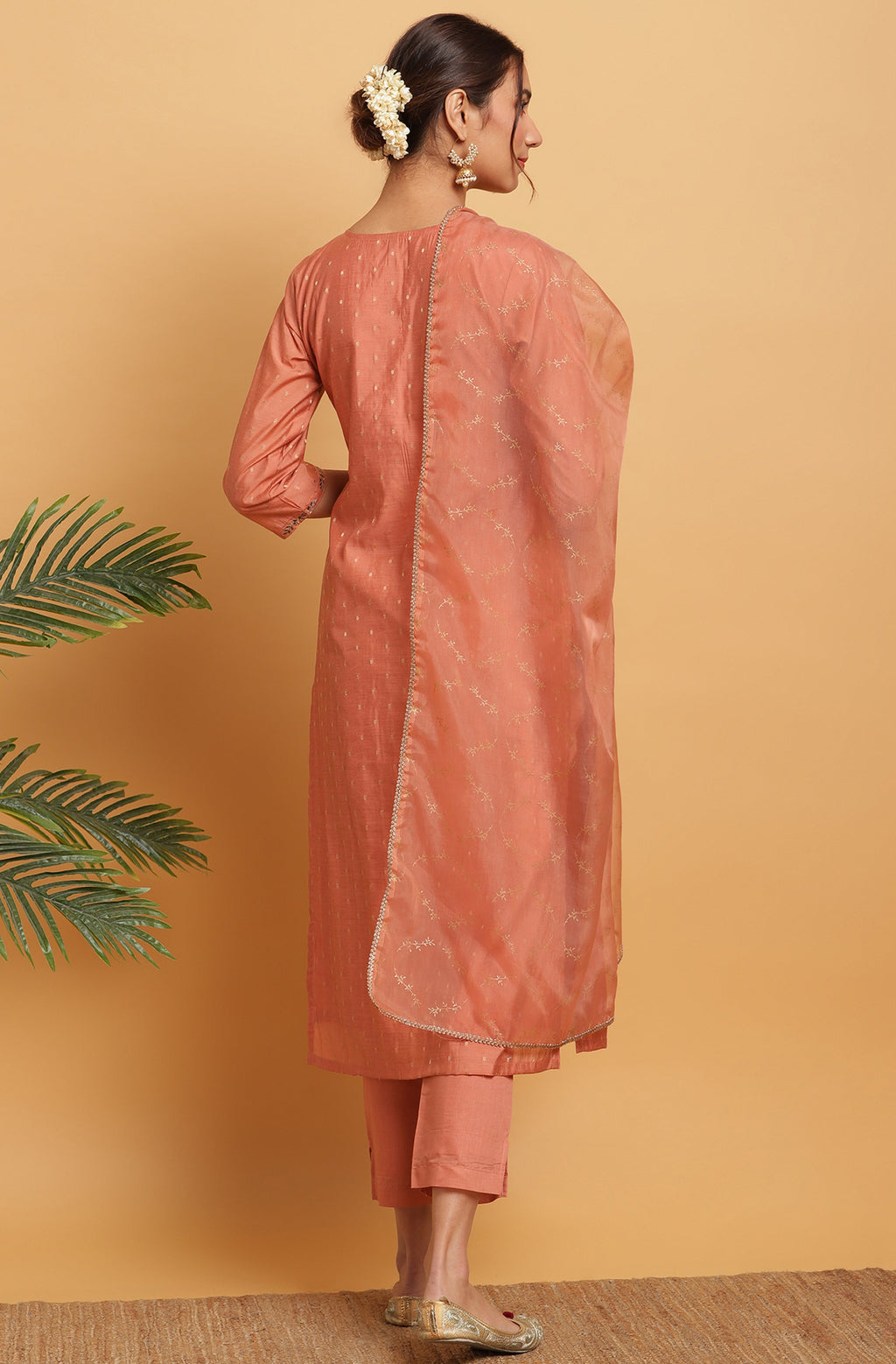 Janasya Women's Rose Gold Poly Muslin Embroidered Kurta With Pant And Dupatta