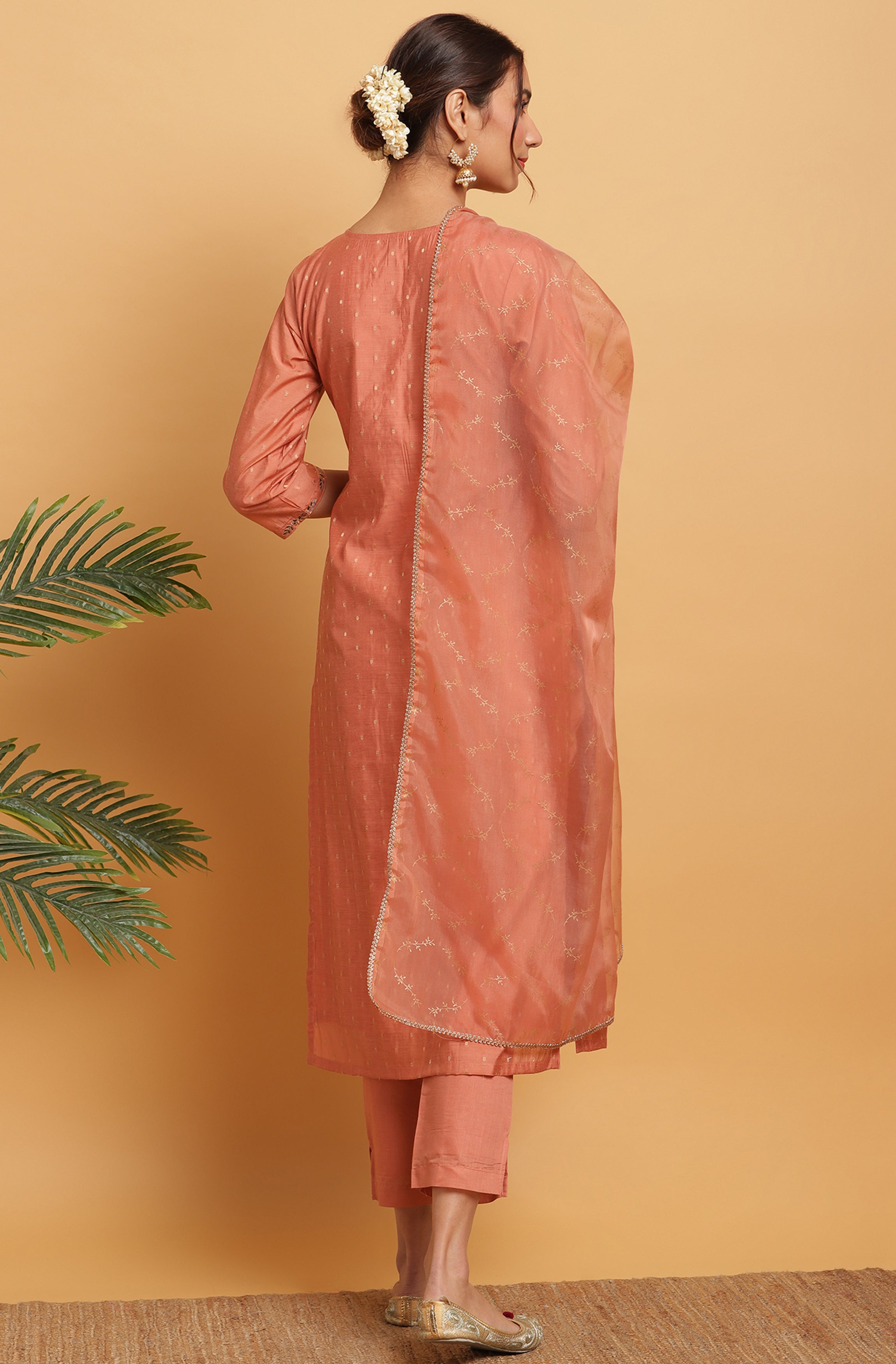 Janasya Women's Rose Gold Poly Muslin Embroidered Kurta With Pant And Dupatta