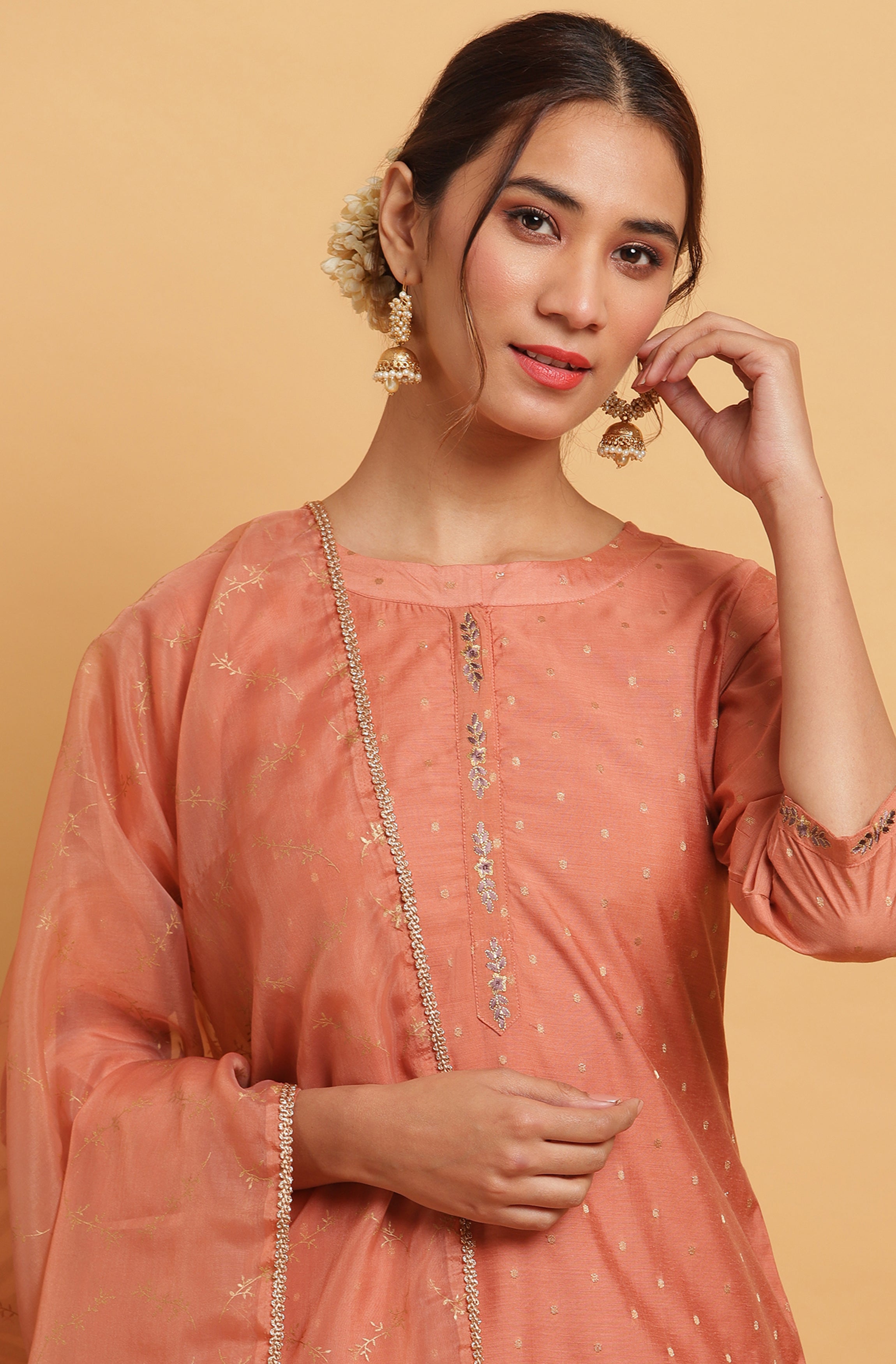 Janasya Women's Rose Gold Poly Muslin Embroidered Kurta With Pant And Dupatta