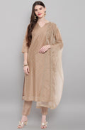 Janasya Women's Light Brown Poly Chanderi Floral Print Kurta With Pant And Dupatta