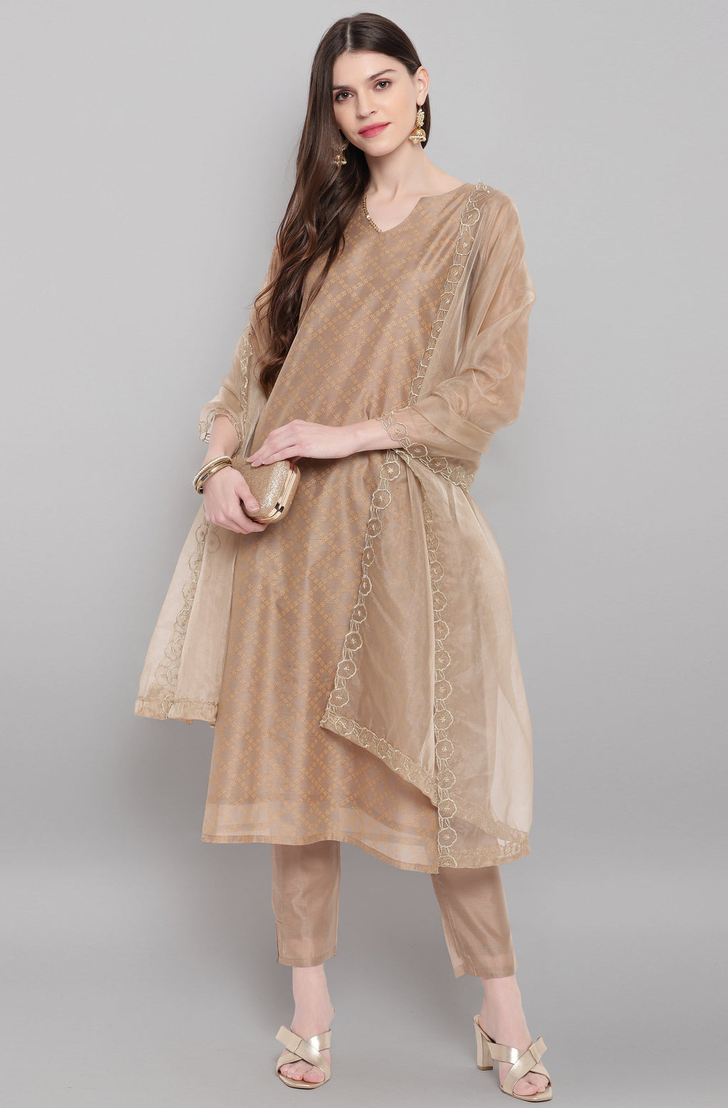 Janasya Women's Light Brown Poly Chanderi Floral Print Kurta With Pant And Dupatta