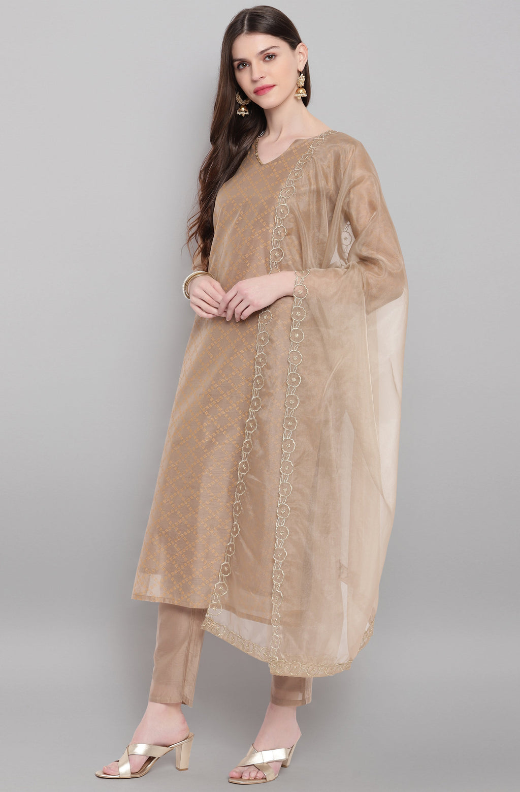 Janasya Women's Light Brown Poly Chanderi Floral Print Kurta With Pant And Dupatta
