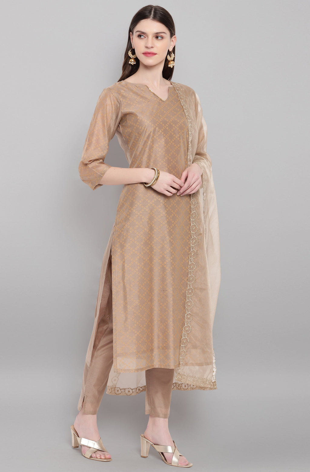 Janasya Women's Light Brown Poly Chanderi Floral Print Kurta With Pant And Dupatta