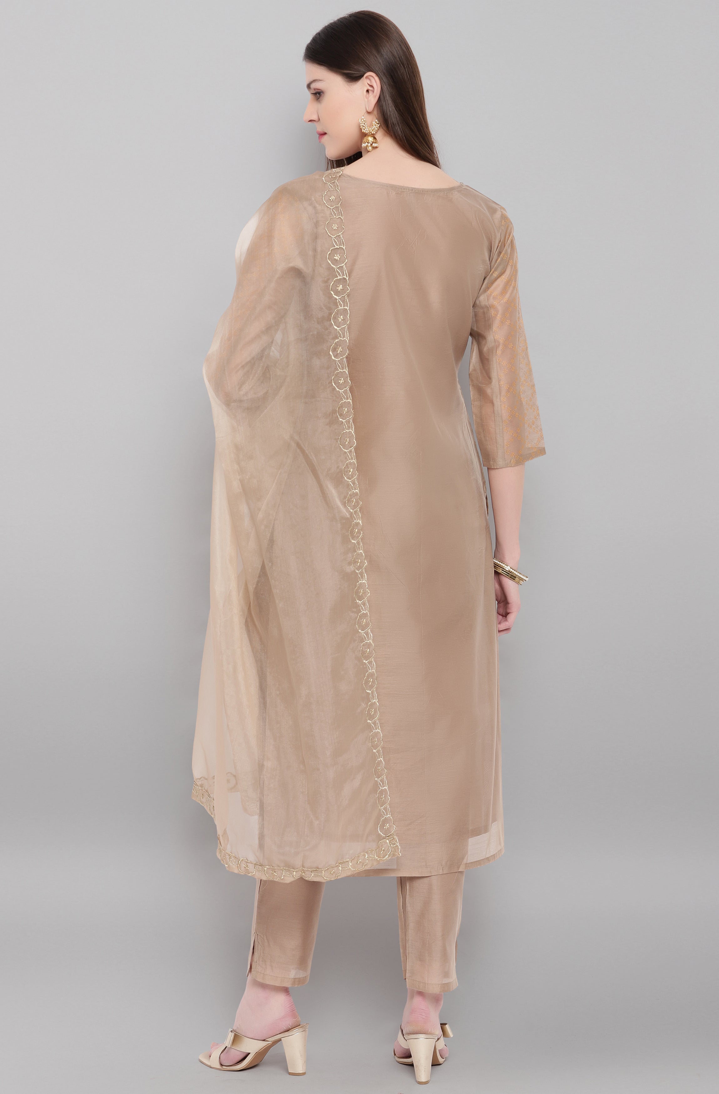 Janasya Women's Light Brown Poly Chanderi Floral Print Kurta With Pant And Dupatta