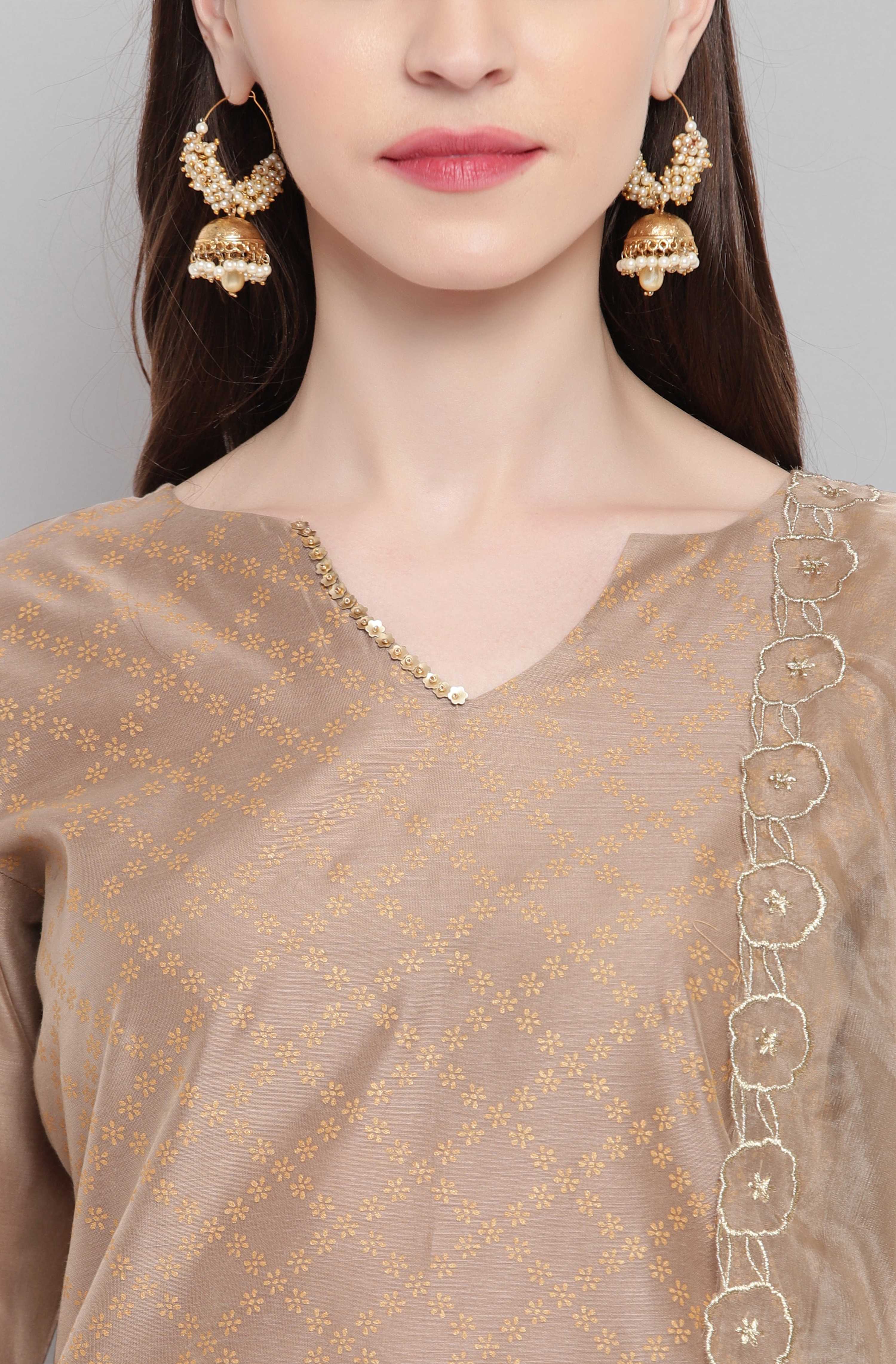 Janasya Women's Light Brown Poly Chanderi Floral Print Kurta With Pant And Dupatta