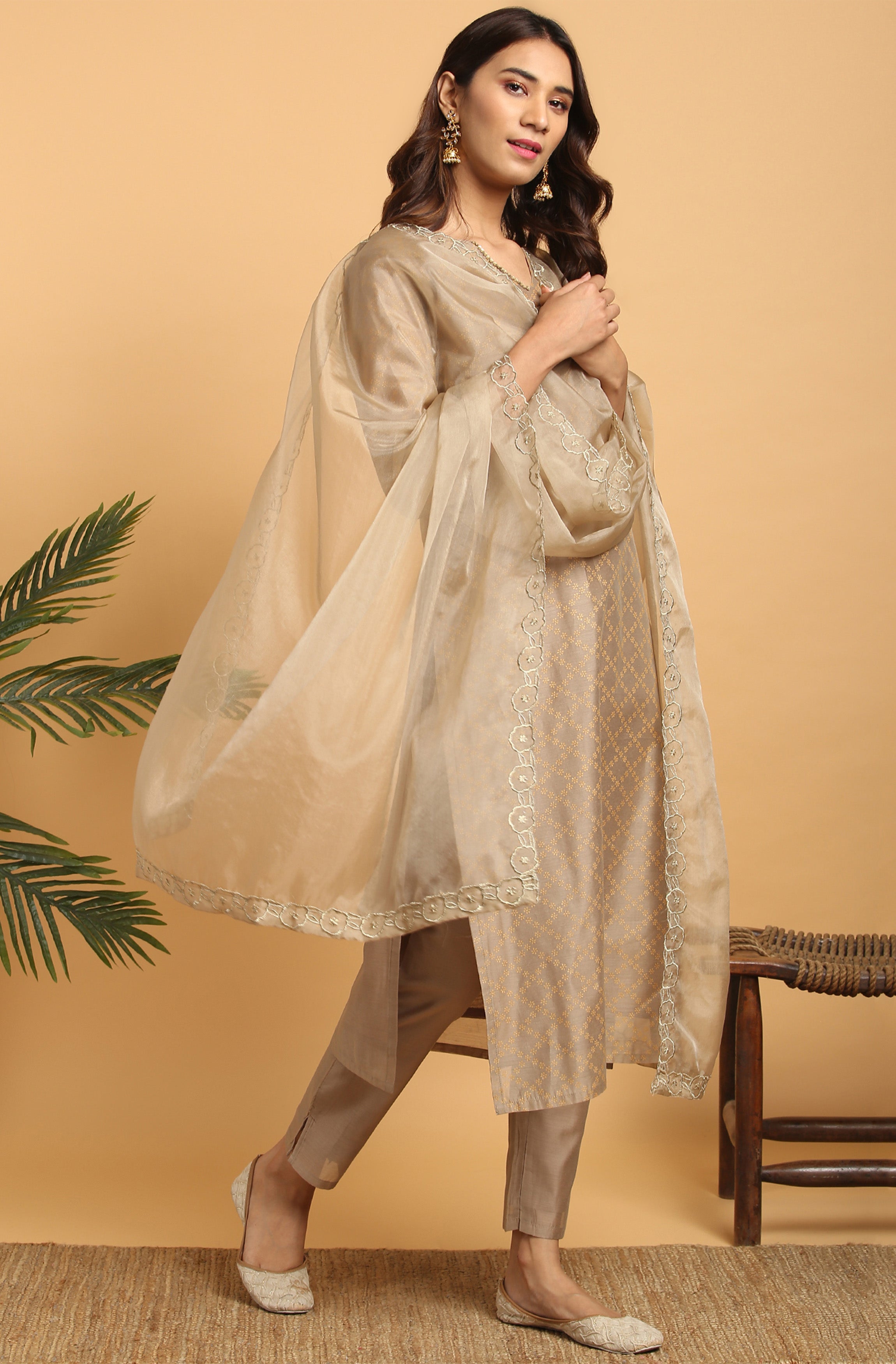 Janasya Women's Light Brown Poly Chanderi Floral Print Kurta With Pant And Dupatta