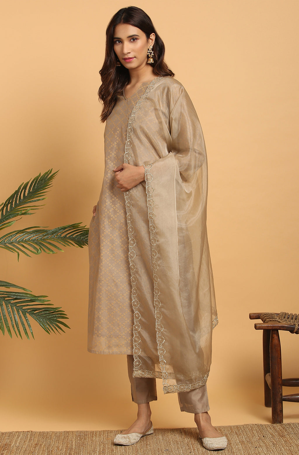 Janasya Women's Light Brown Poly Chanderi Floral Print Kurta With Pant And Dupatta