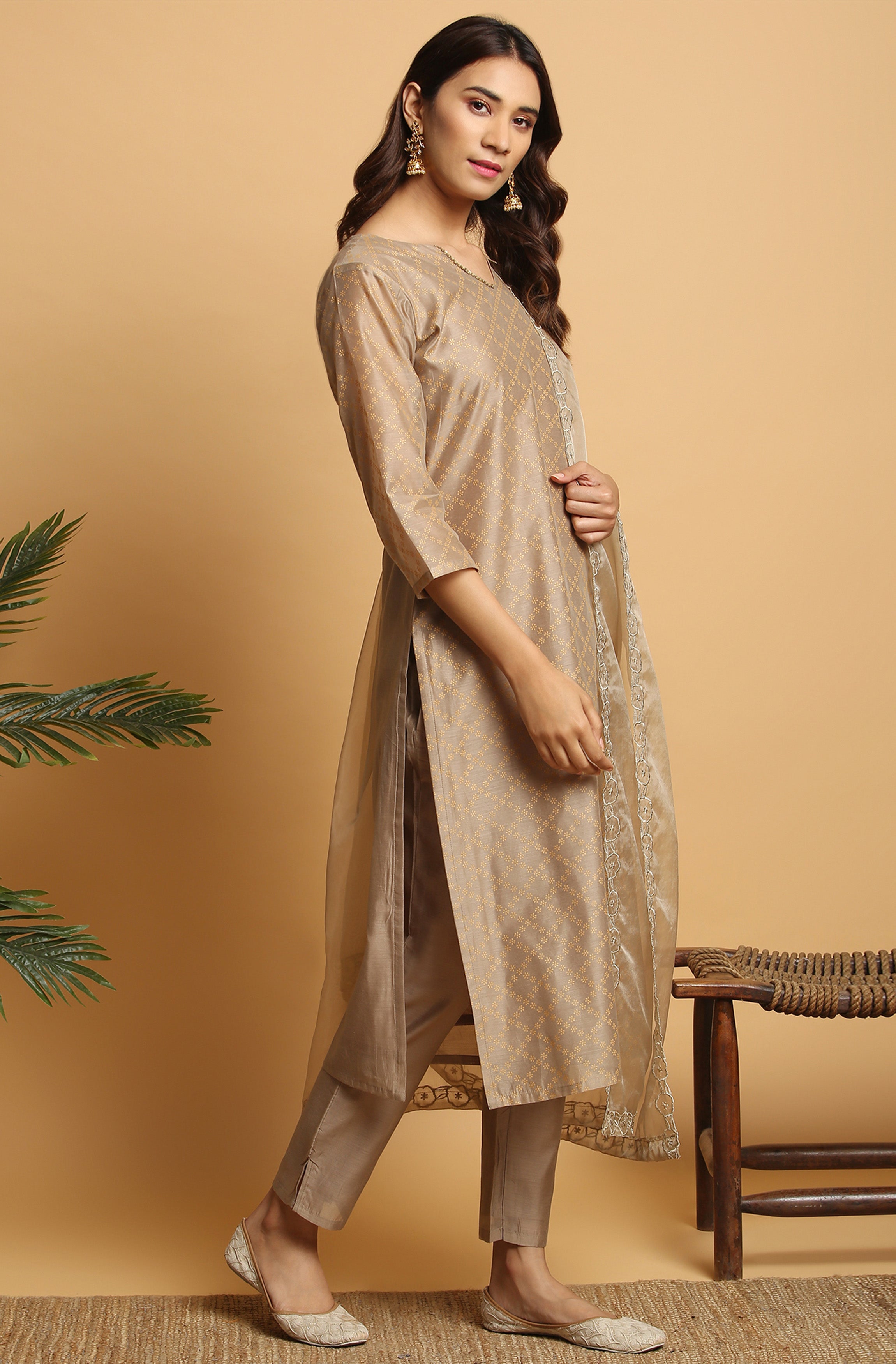 Janasya Women's Light Brown Poly Chanderi Floral Print Kurta With Pant And Dupatta