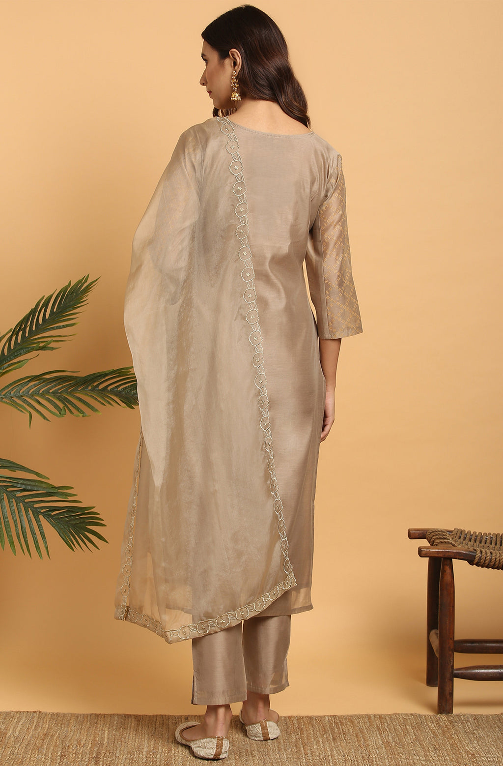 Janasya Women's Light Brown Poly Chanderi Floral Print Kurta With Pant And Dupatta