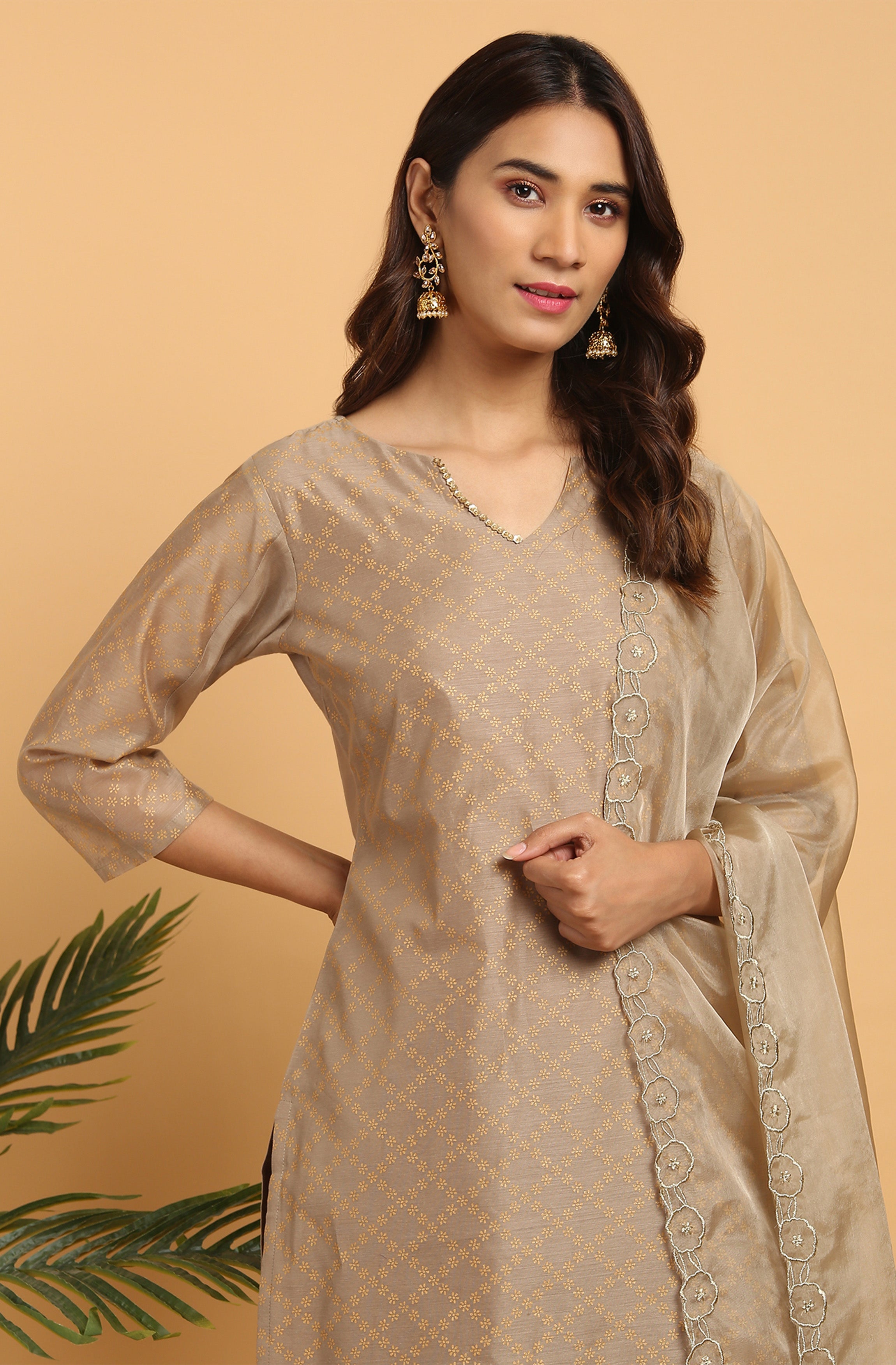 Janasya Women's Light Brown Poly Chanderi Floral Print Kurta With Pant And Dupatta