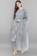 Janasya Women's Grey Poly Chanderi Ethnic Motifs Kurta With Pant And Dupatta