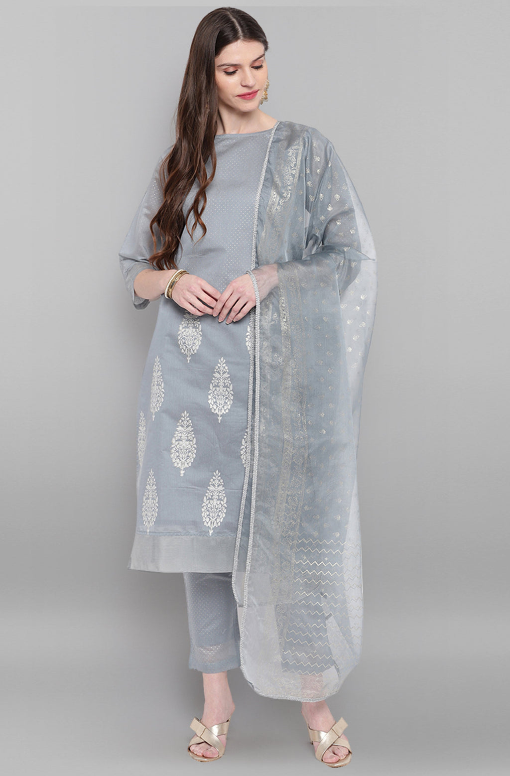 Janasya Women's Grey Poly Chanderi Ethnic Motifs Kurta With Pant And Dupatta