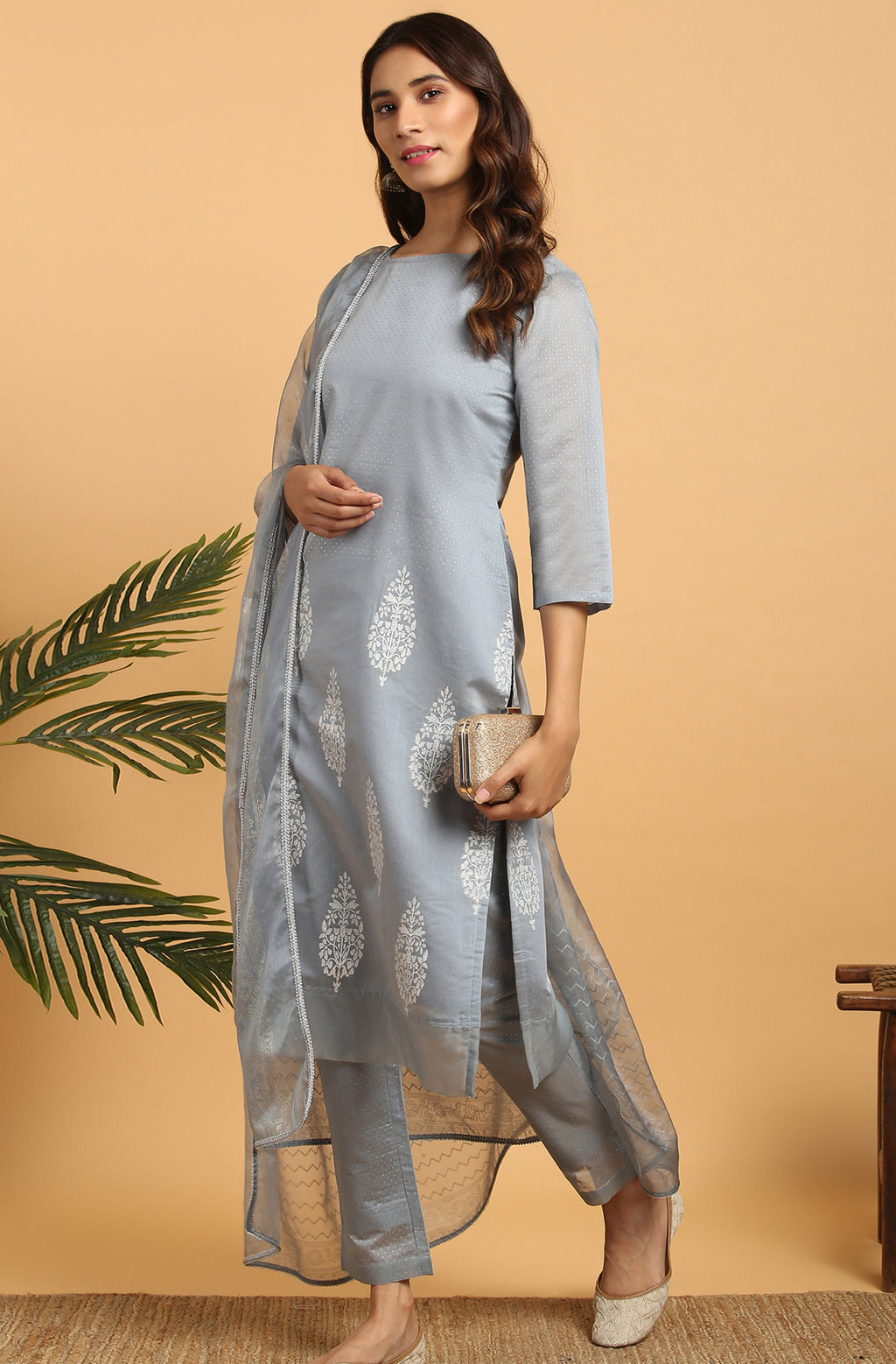 Janasya Women's Grey Poly Chanderi Ethnic Motifs Kurta With Pant And Dupatta