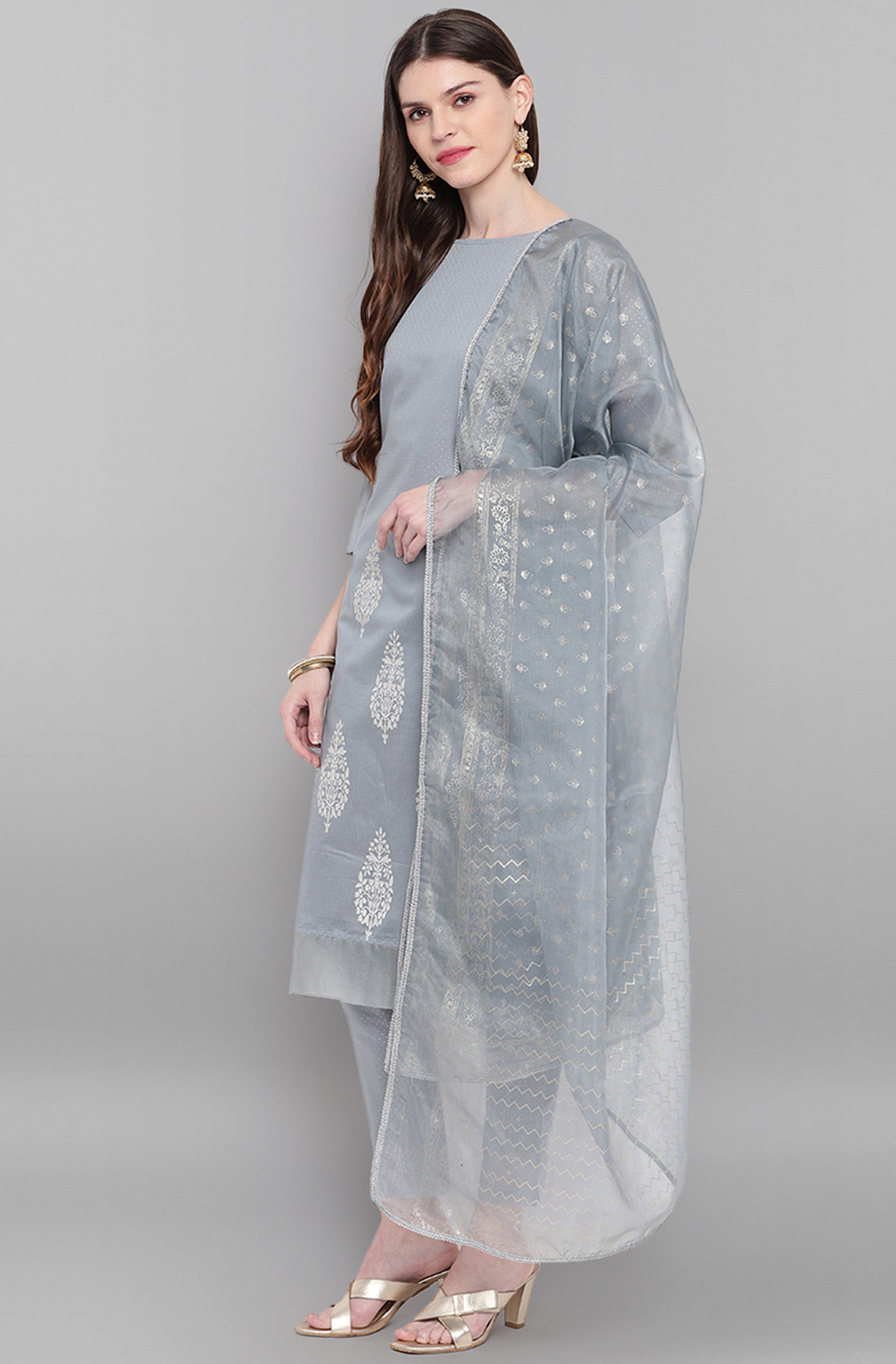 Janasya Women's Grey Poly Chanderi Ethnic Motifs Kurta With Pant And Dupatta