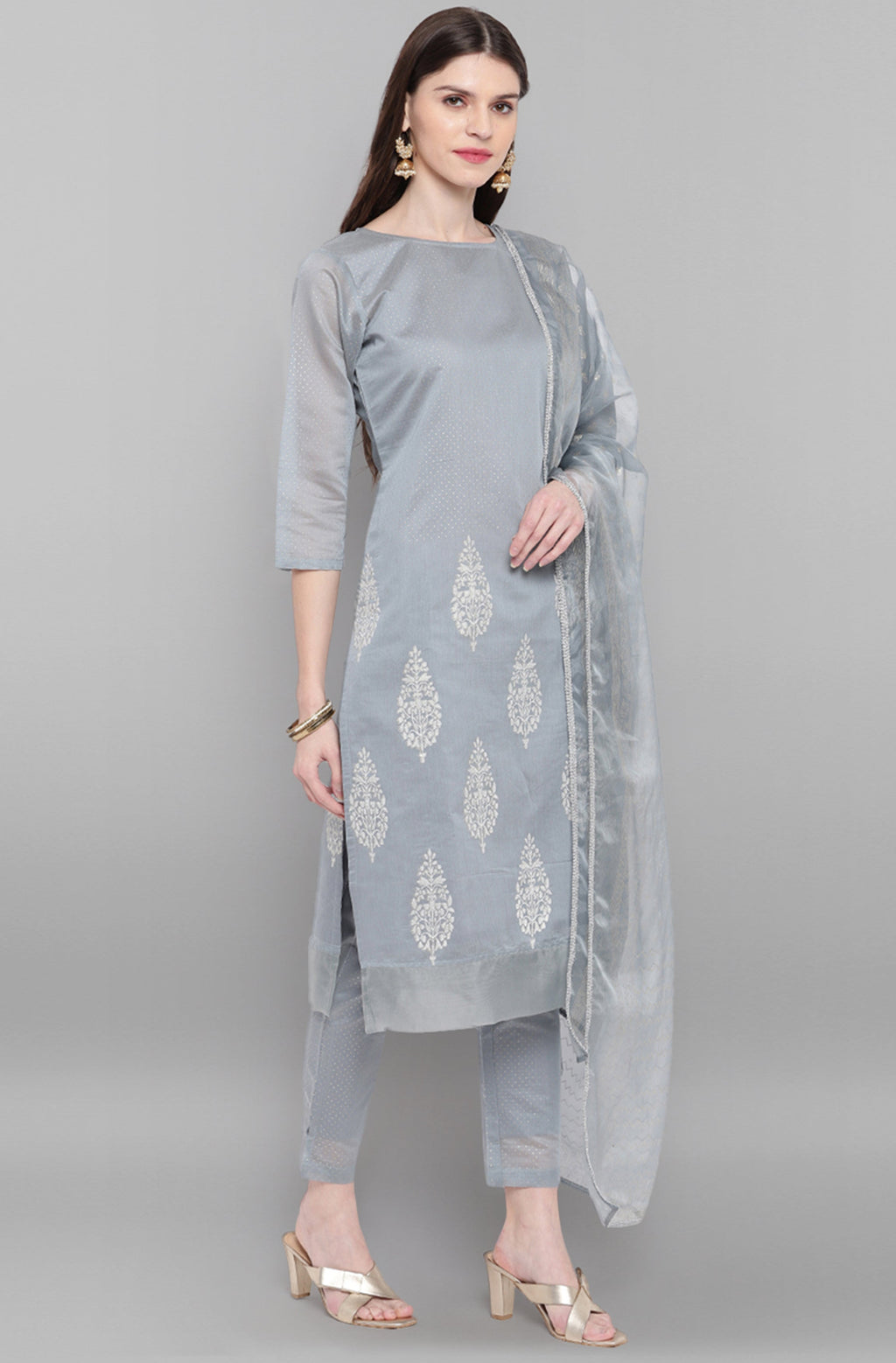 Janasya Women's Grey Poly Chanderi Ethnic Motifs Kurta With Pant And Dupatta