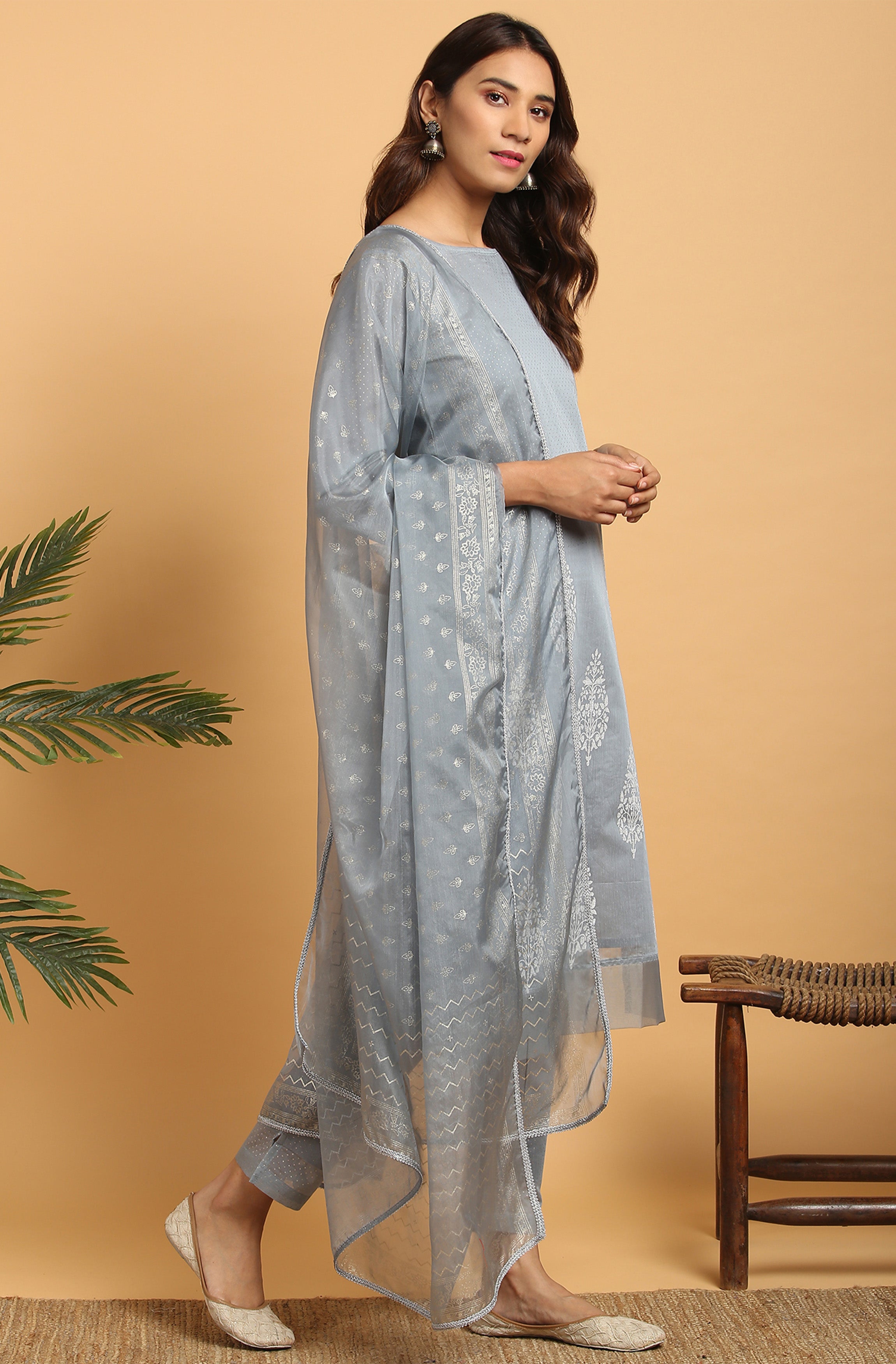 Janasya Women's Grey Poly Chanderi Ethnic Motifs Kurta With Pant And Dupatta