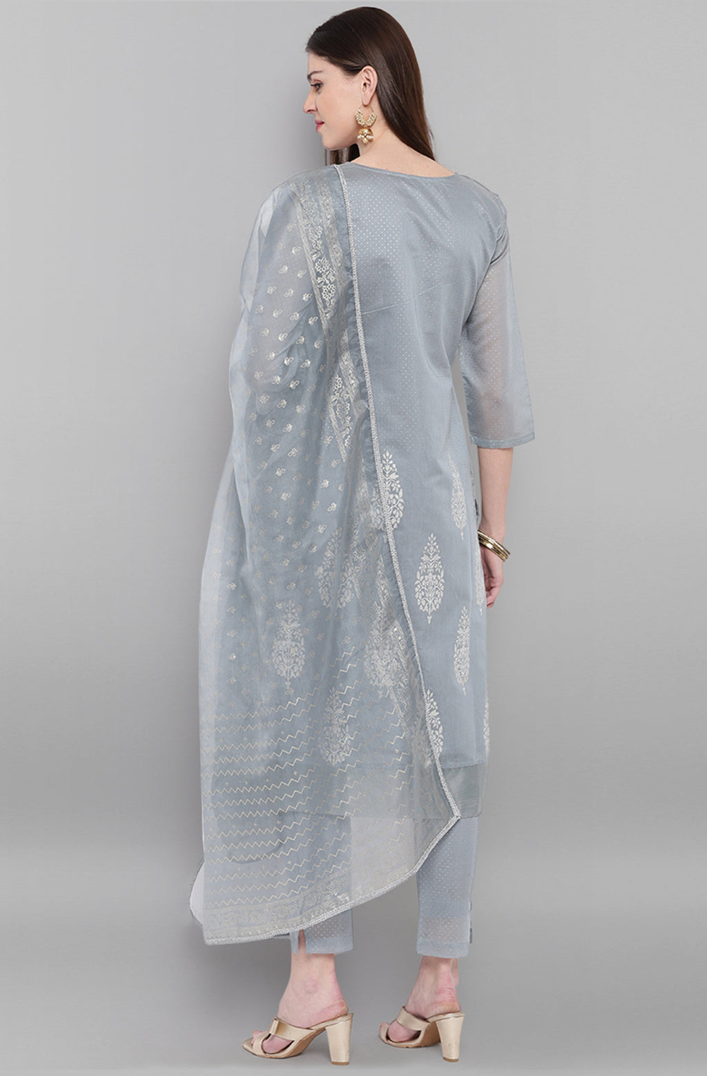 Janasya Women's Grey Poly Chanderi Ethnic Motifs Kurta With Pant And Dupatta