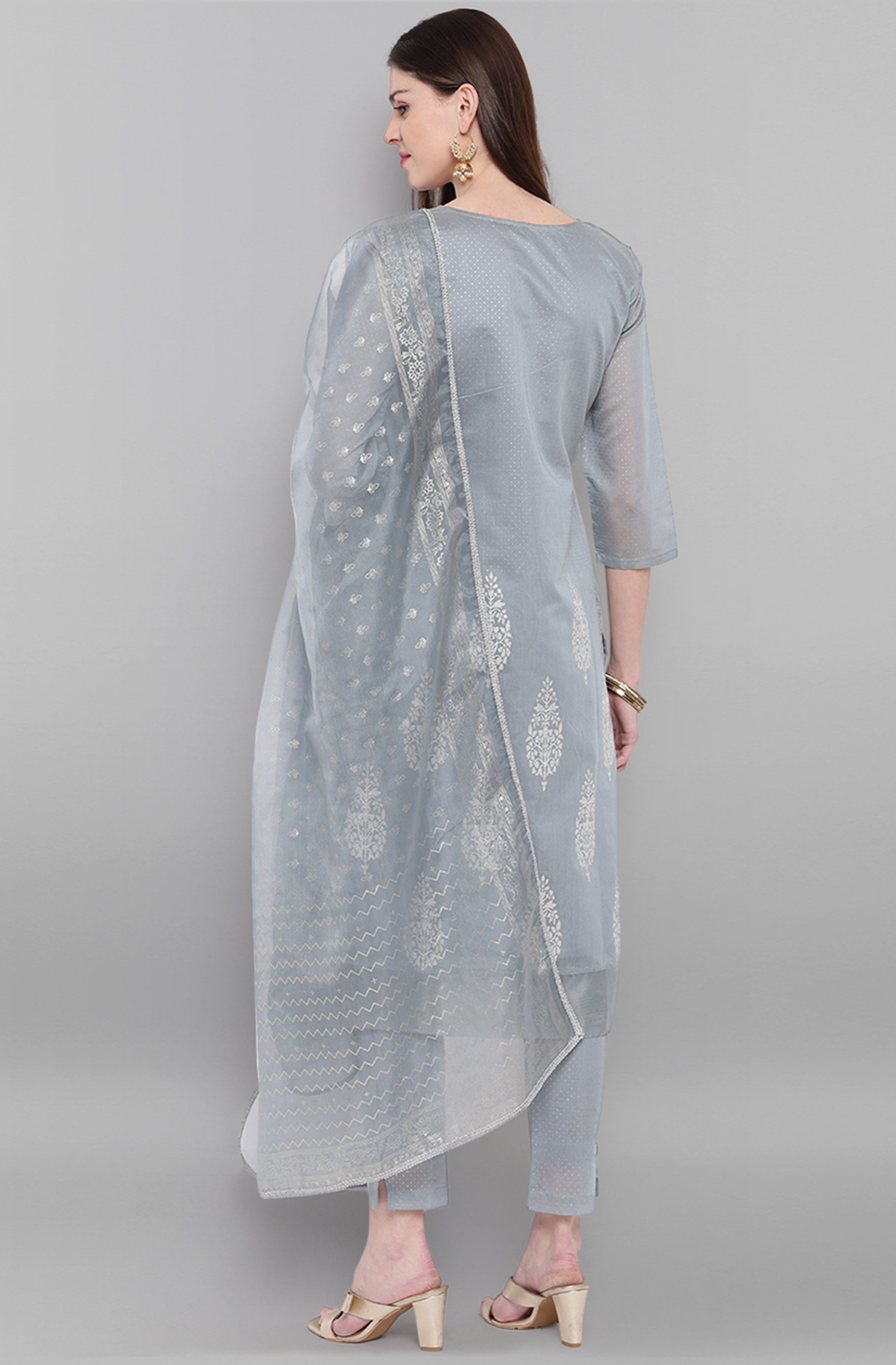Janasya Women's Grey Poly Chanderi Ethnic Motifs Kurta With Pant And Dupatta