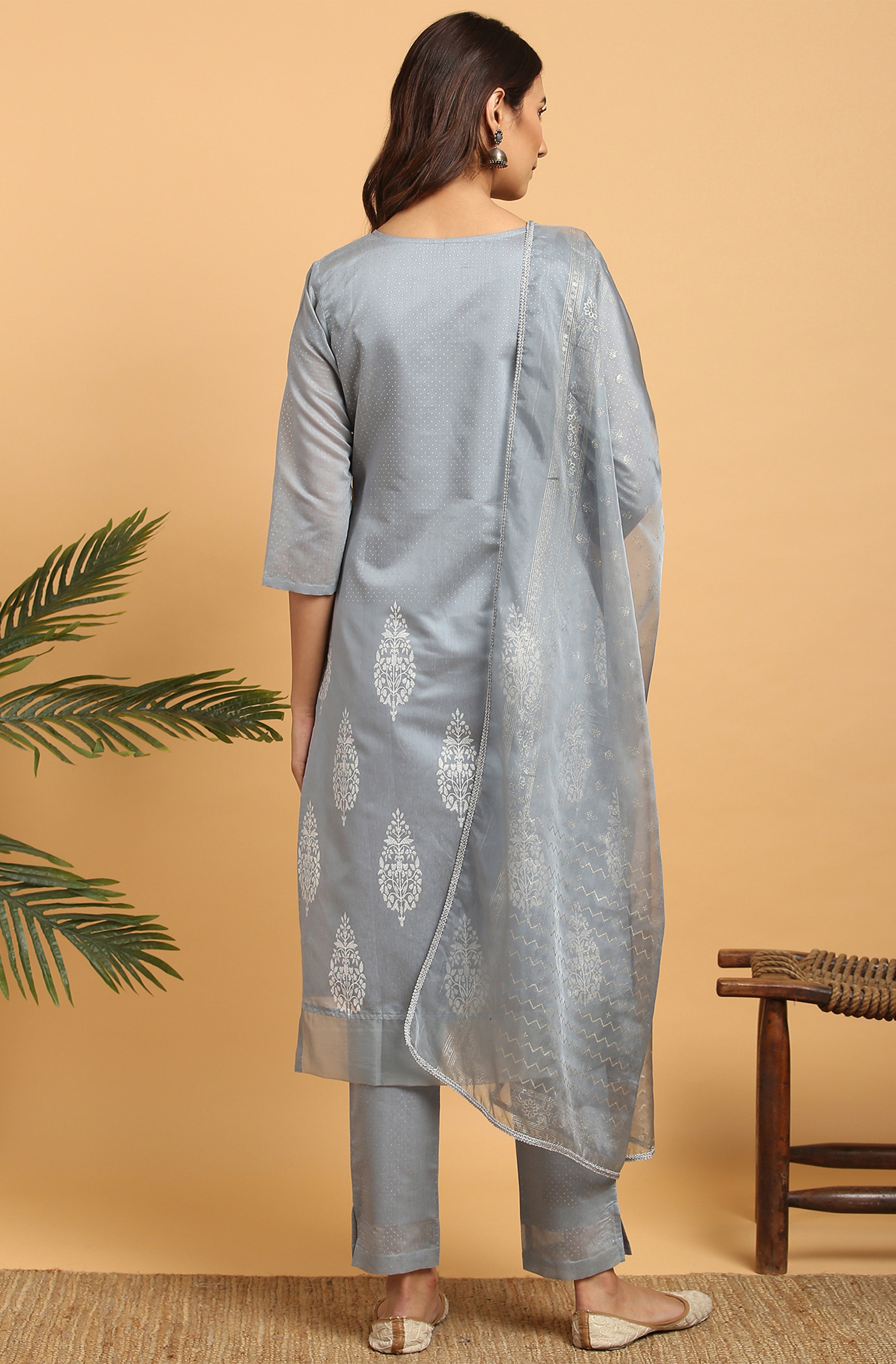 Janasya Women's Grey Poly Chanderi Ethnic Motifs Kurta With Pant And Dupatta
